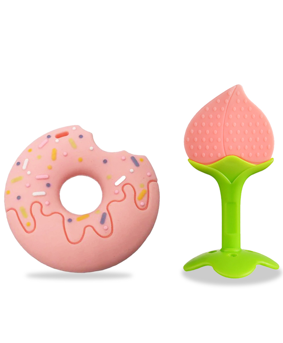 Chinmay Kids Silicone Baby Donut and Stand Teether Shape Baby Teething Toy Cartoon BPA Free Teether Pink & Light Pink-picture-10
