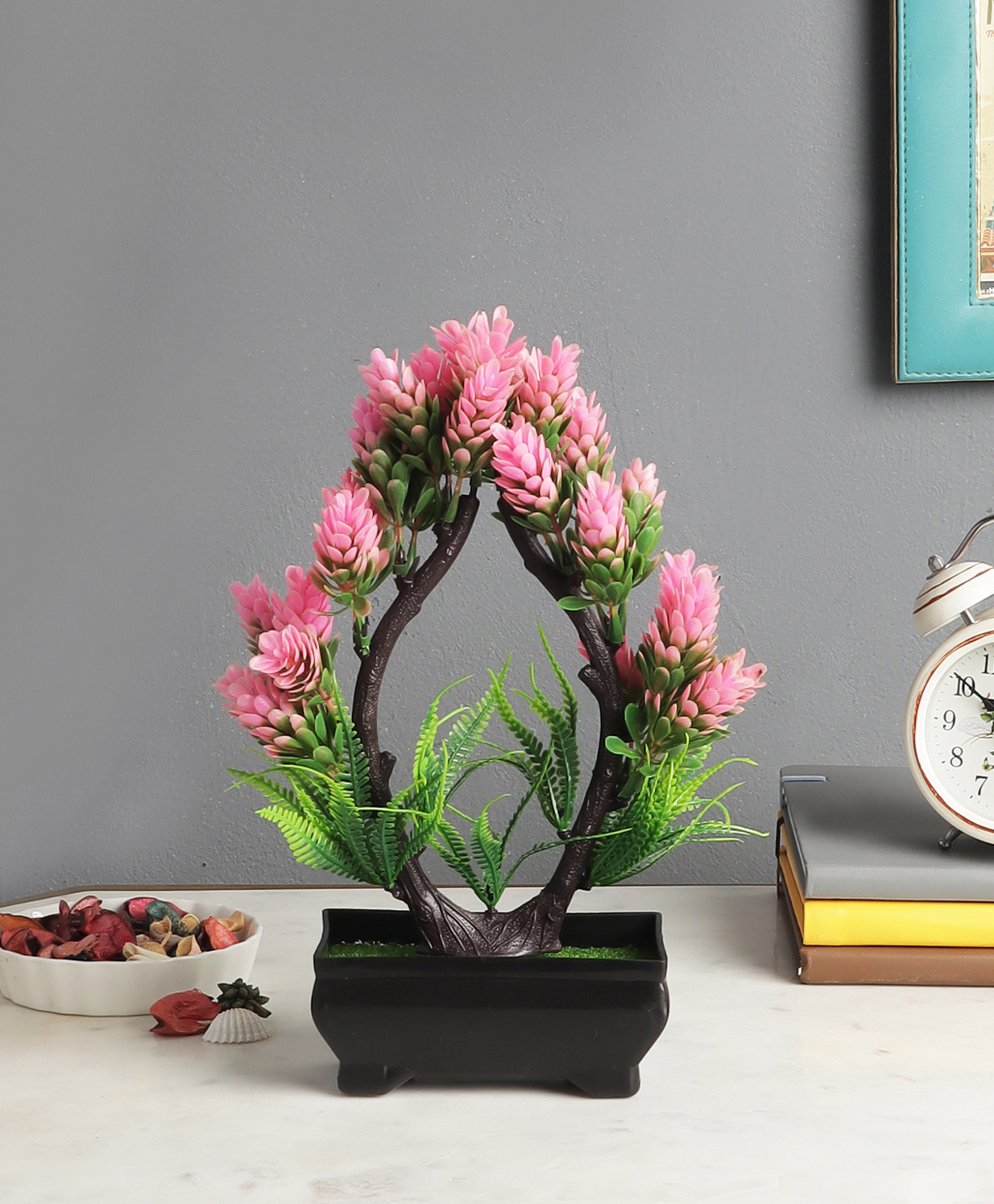 Foliyaj Artificial U Shaped Bonsai Plat with Pink Buds and Rectangular Pot-image-18