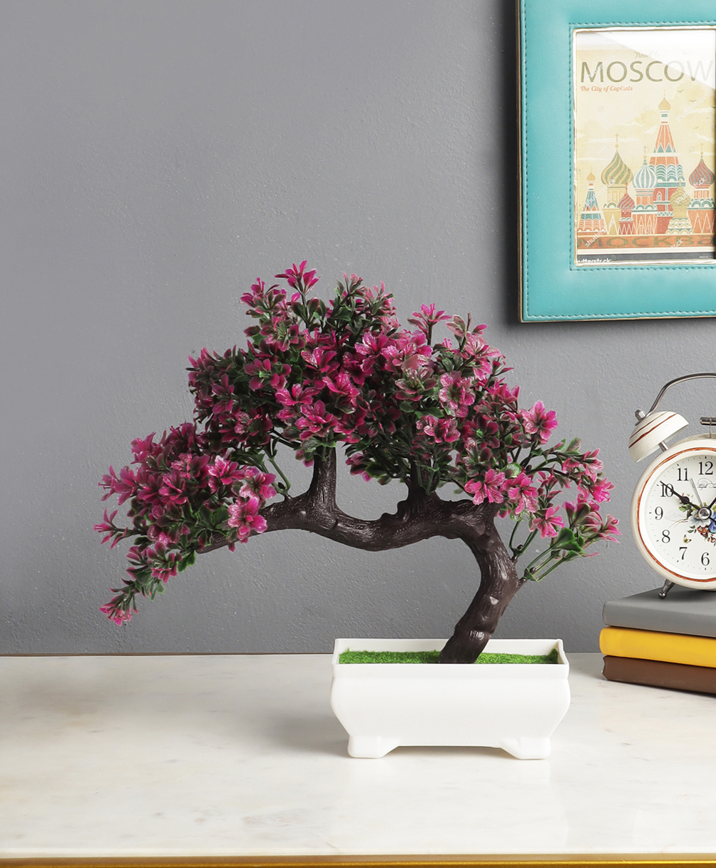 Foliyaj Artificial Bent Bonsai Tree with Magenta Leaves and White Rectangular Pot-image-19