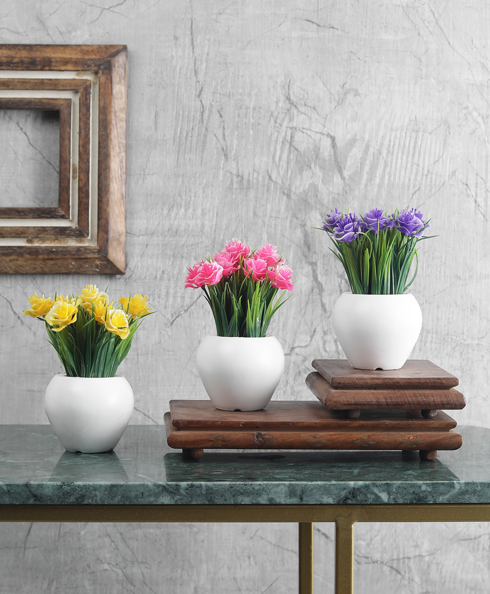 Foliyaj Combo of 3 Artificial Mini Plant with Thin Long Leaves, Yellow, Pink and Dark Purple Rose Flowers-image-16