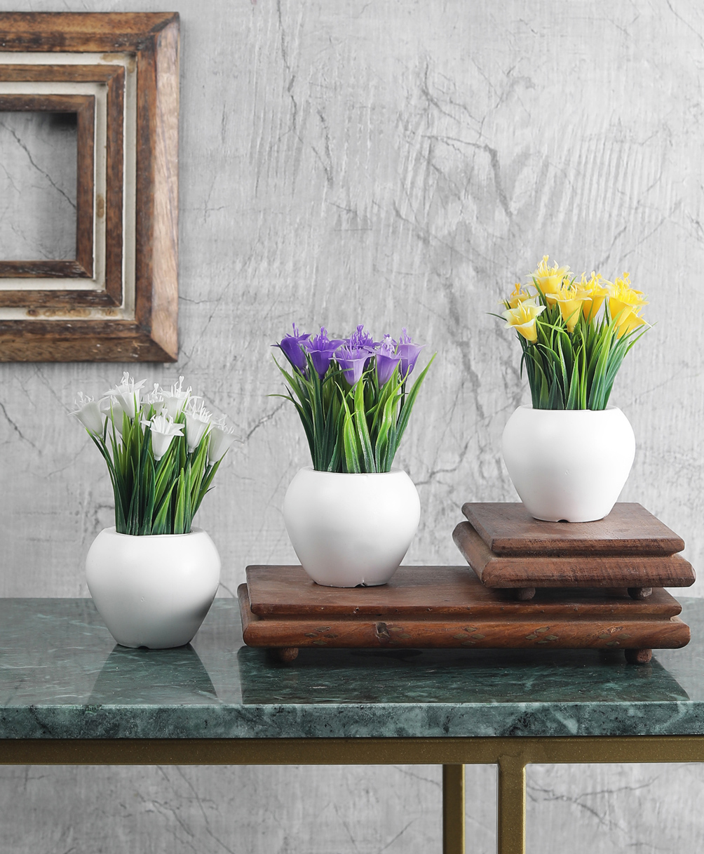 Foliyaj Artificial Mini Plant with Thin Long Leaves, Yellow, White and Dark Purple Lily Flowers - Combo of 3-image-23