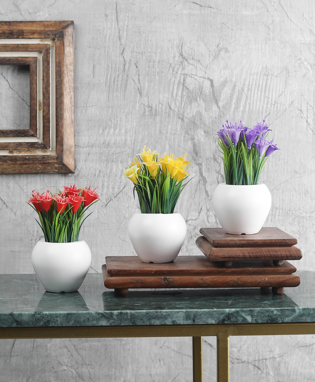 Foliyaj Artificial Mini Plant with Thin Long Leaves, Yellow, Red and Dark Purple Lily Flowers -Combo of 3-image-48