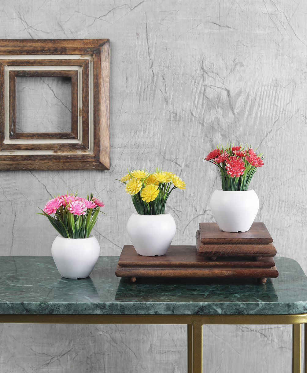 Foliyaj Artificial Mini Plant with Thin Long Leaves, Red, Pink and Yellow Gerbera Flowers -Combo of 3-image-14