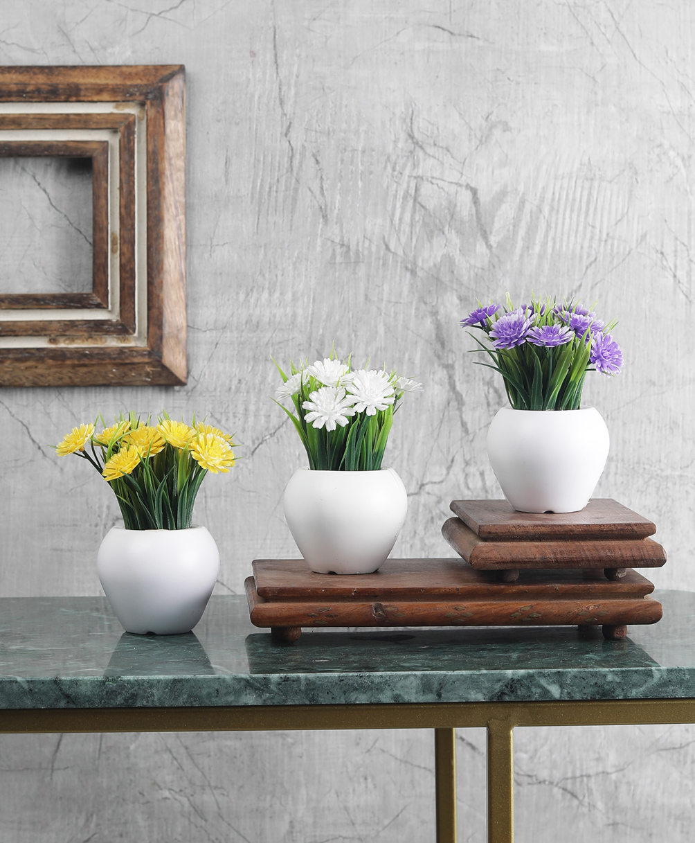 Foliyaj  Artificial Mini Plant with Thin Long Leaves, Purple, White and Yellow Gerbera Flowers-Combo of 3-image-21