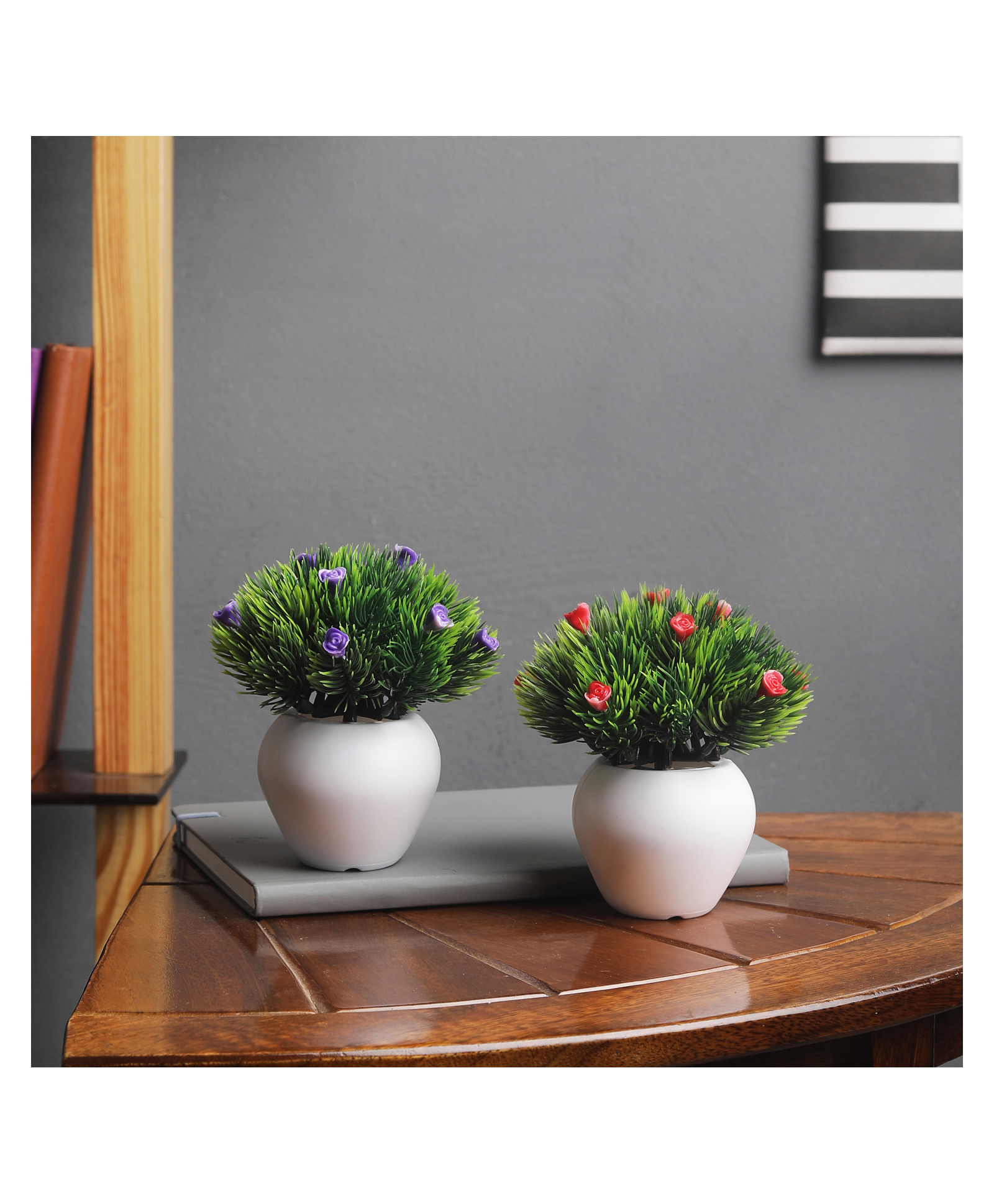Foliyaj Artificial Mini Bush with Thin Pine Leaves and Small Purple Flowers-image-18