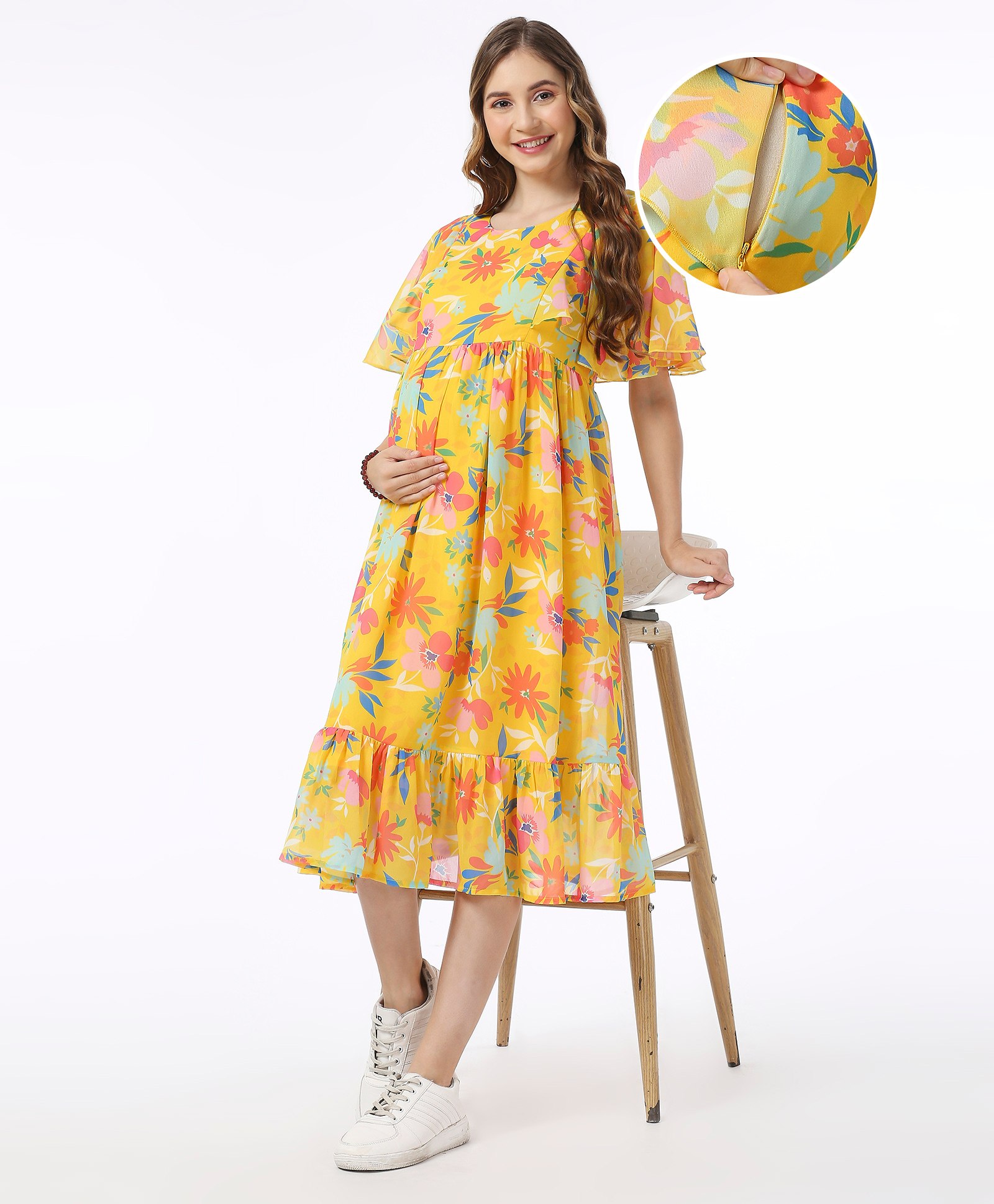 Bella Mama Floral Print Georgette Flutter Sleeves Maternity Dress with Side Pockets - Yellow-image-37