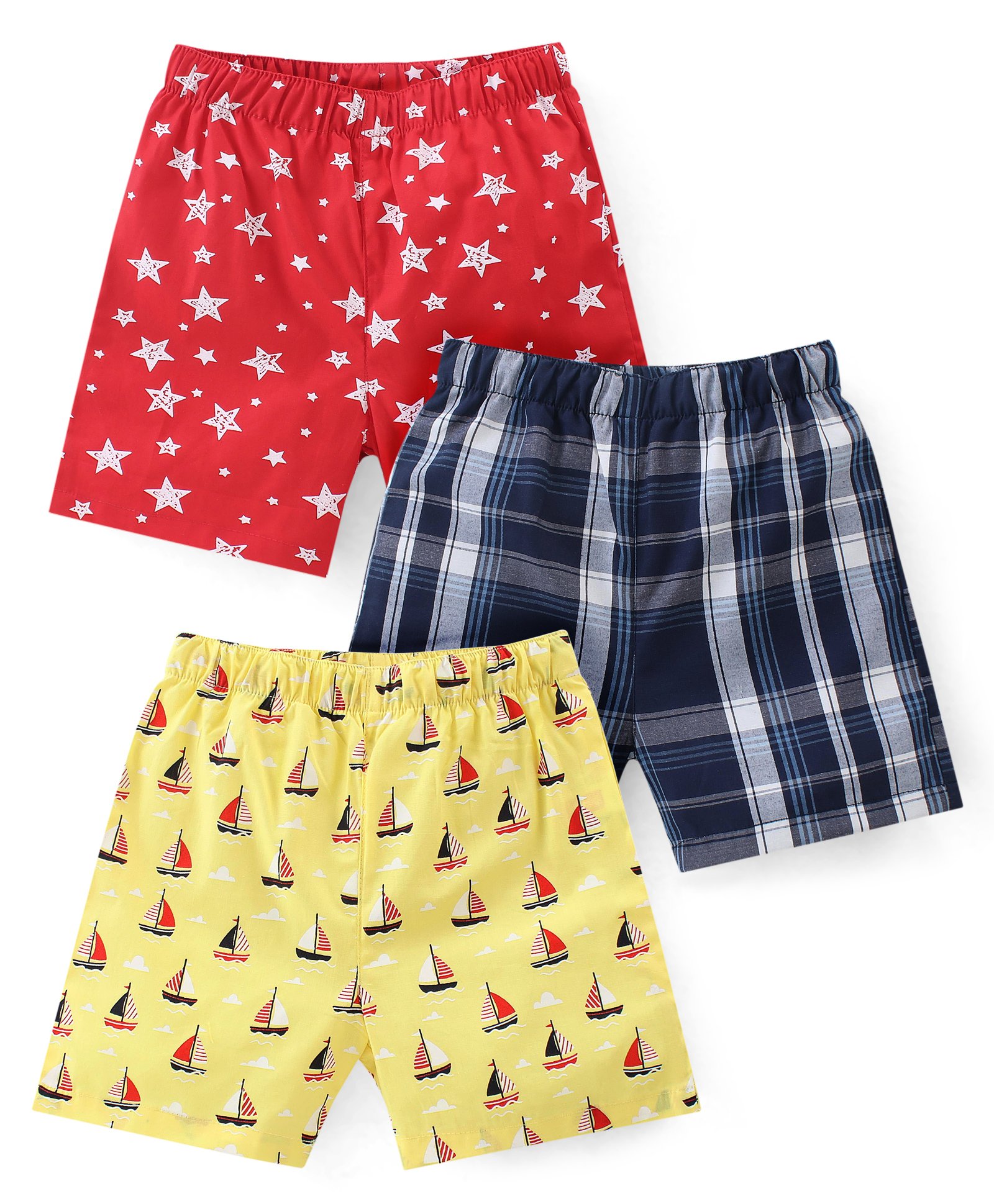 Babyhug Cotton Woven Regular Boxers Stars & Boats Print Pack of 3 - Blue Yellow & Red-image-17