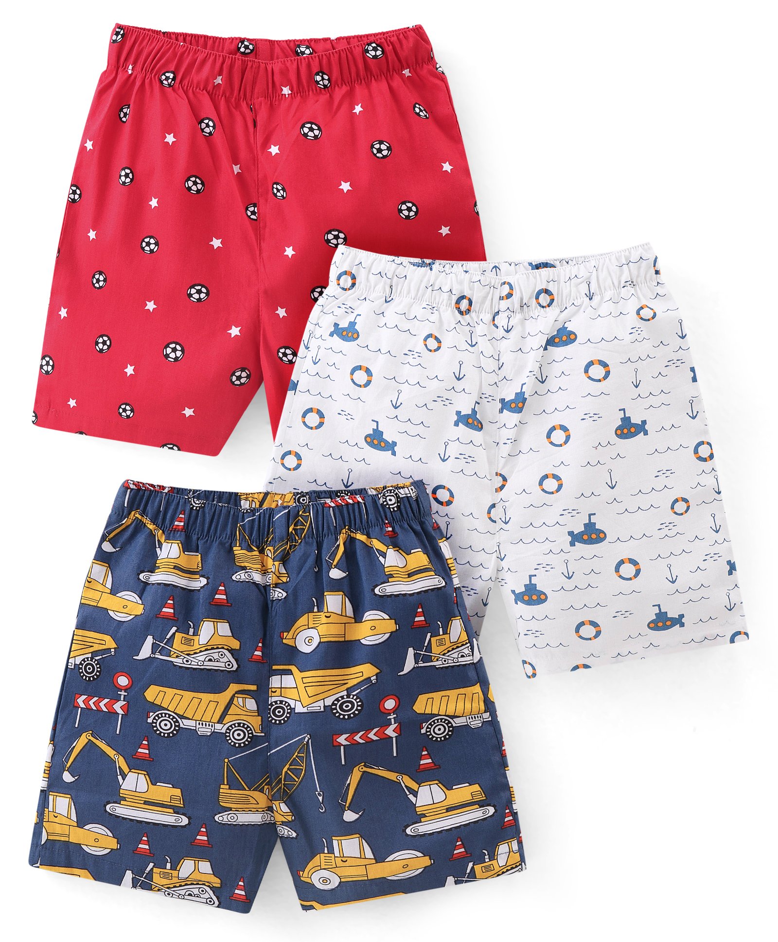 Babyhug Cotton Woven Regular Boxers Trucks & Submarines Print Pack of 3 - Blue White & Red-image-16