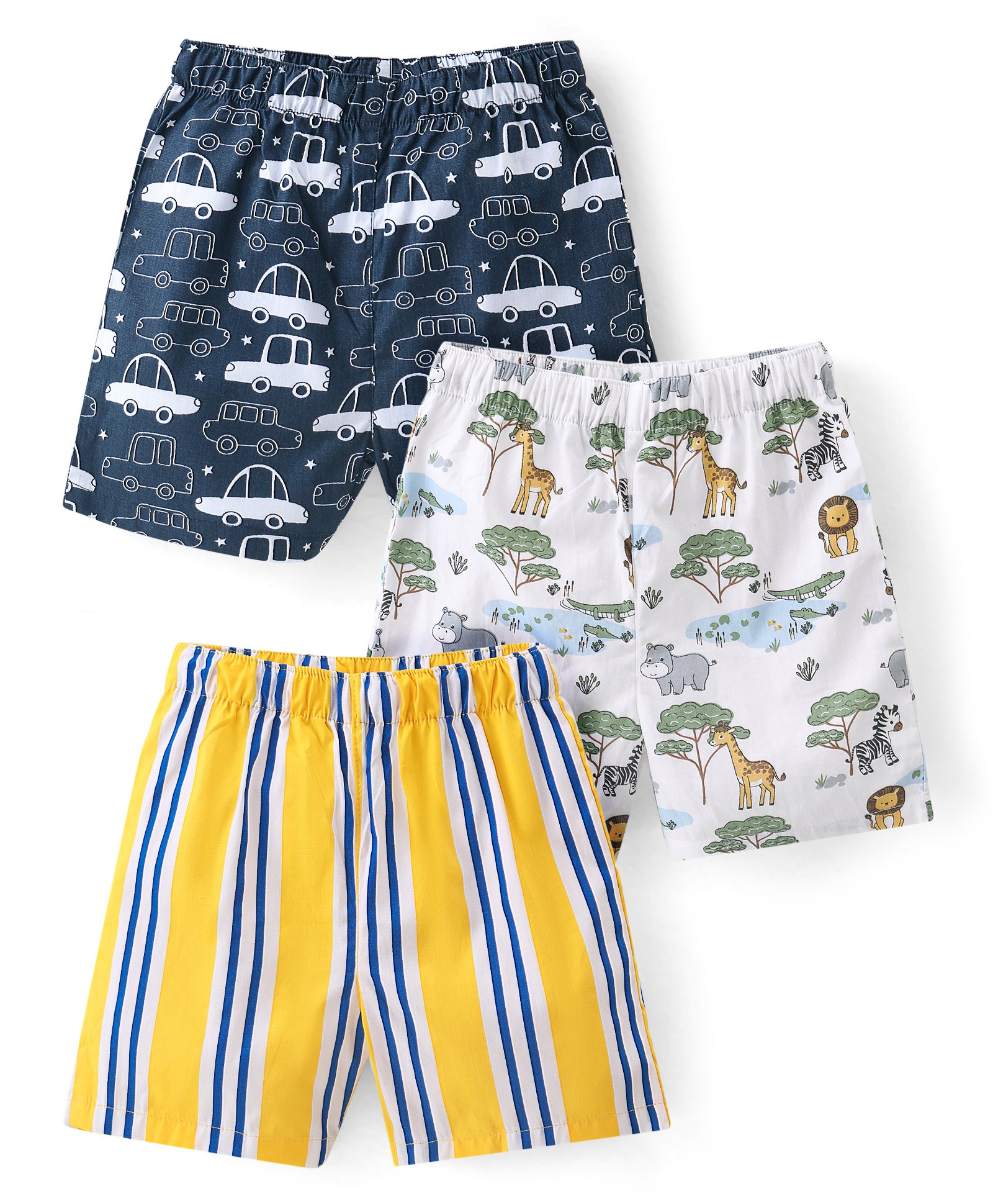 Babyhug Cotton Woven Regular Boxers Cars & Safari Theme Print Pack of 3 - Blue White & Yellow-image-47