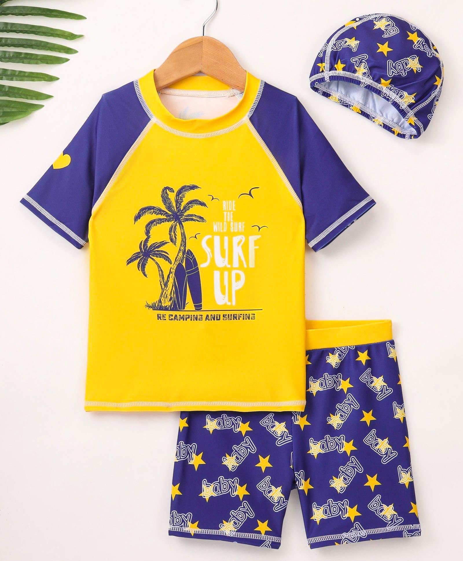 Kookie Kids Half Sleeve  Two Piece Swimsuit Tree Star & Text Print - Yellow-image-14