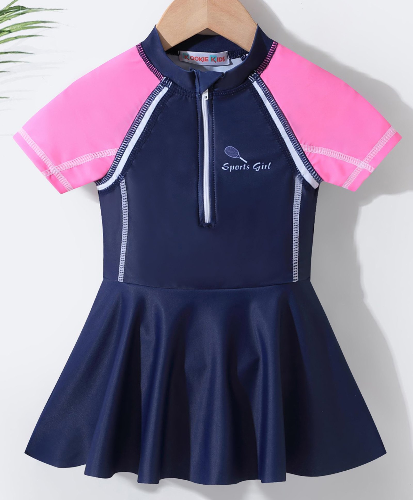 Kookie Kids Half Raglan Sleeves Text Printed Frock style Swimsuit - Navy Blue-image-28