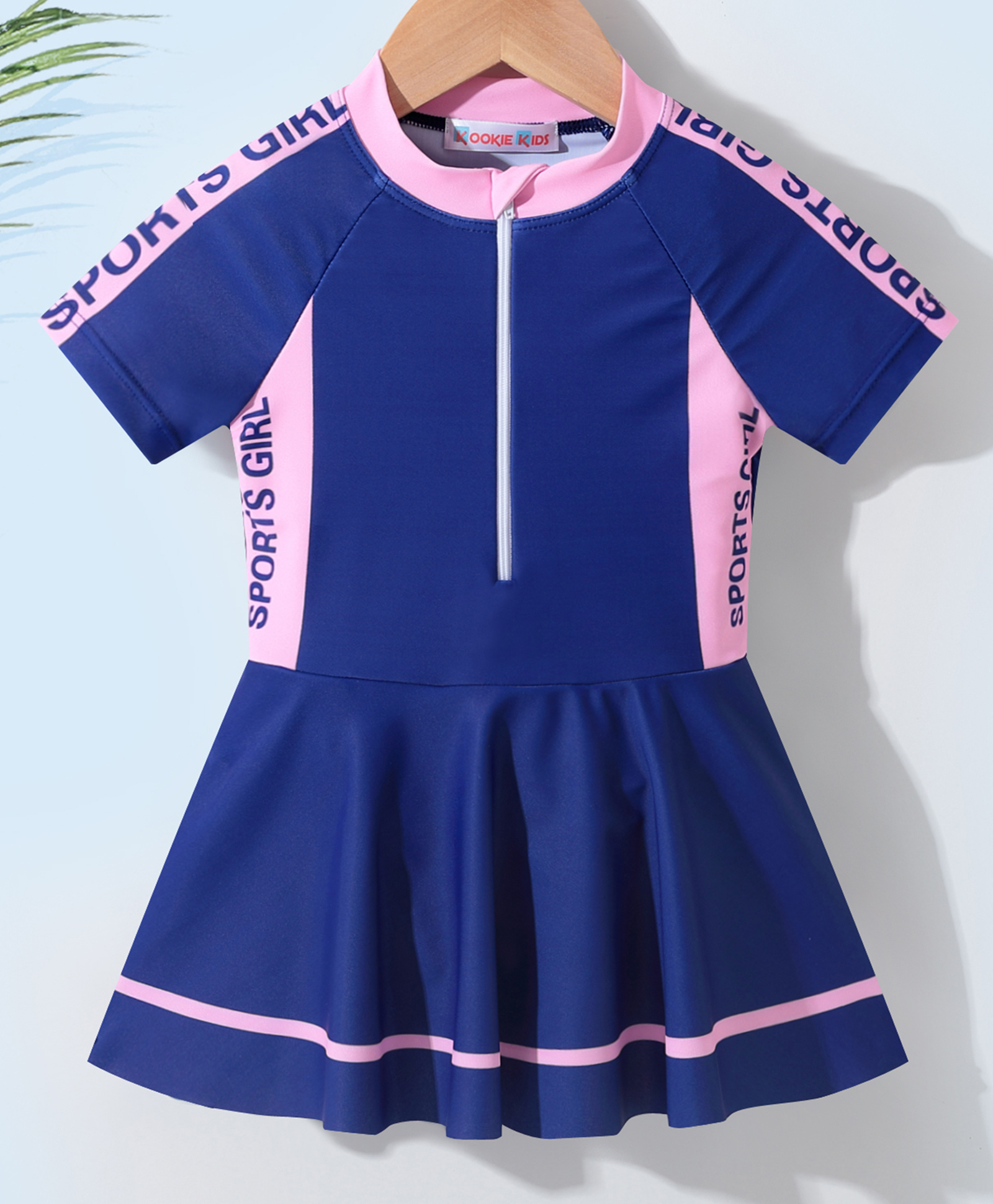Kookie Kids Half Sleeves Frock Swimsuit with Text Print - Navy-image-40