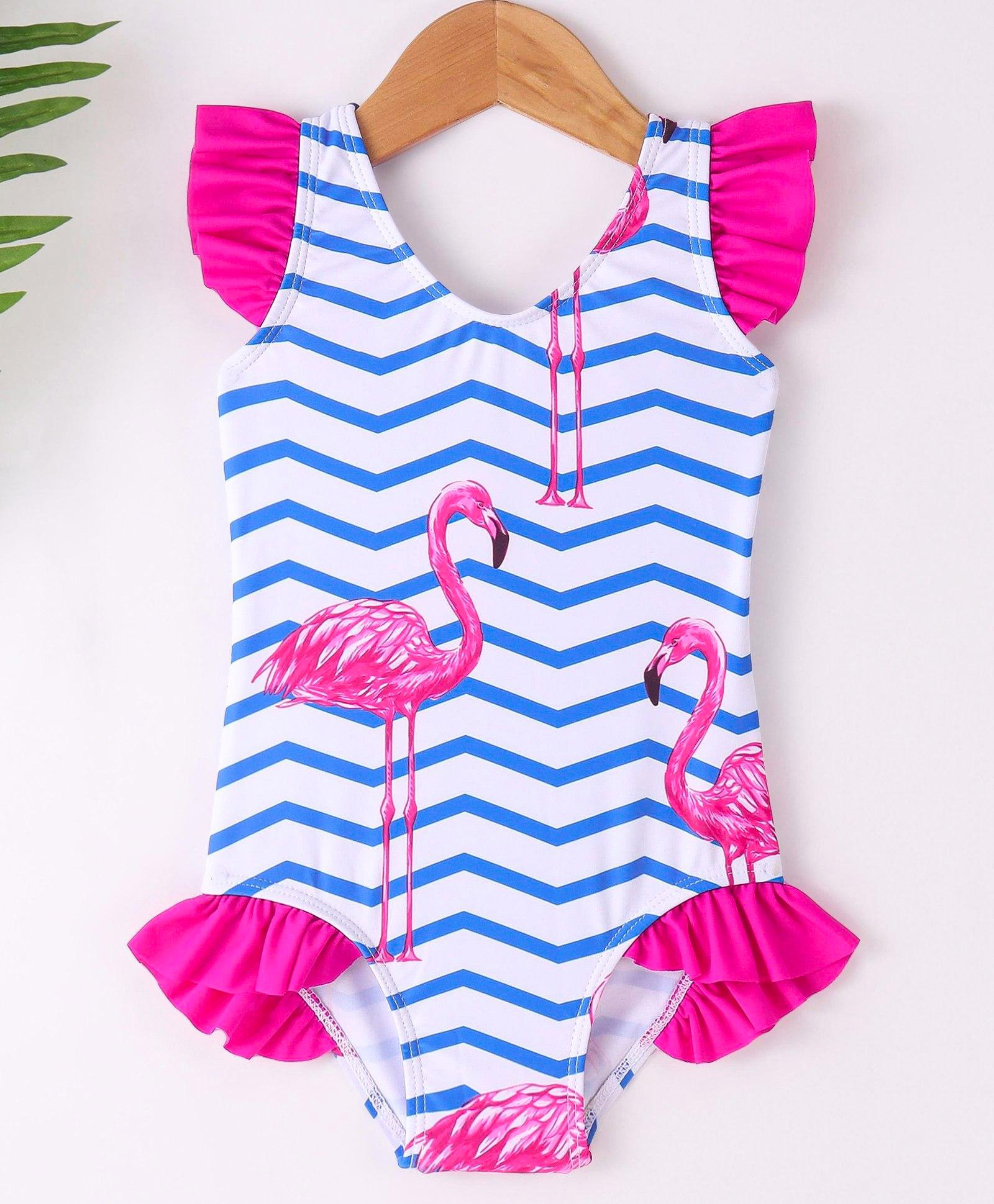 Kookie Kids  Frill Sleeves V Cut Swimsuit Striped with Flamingo Print - Blue-picture-36
