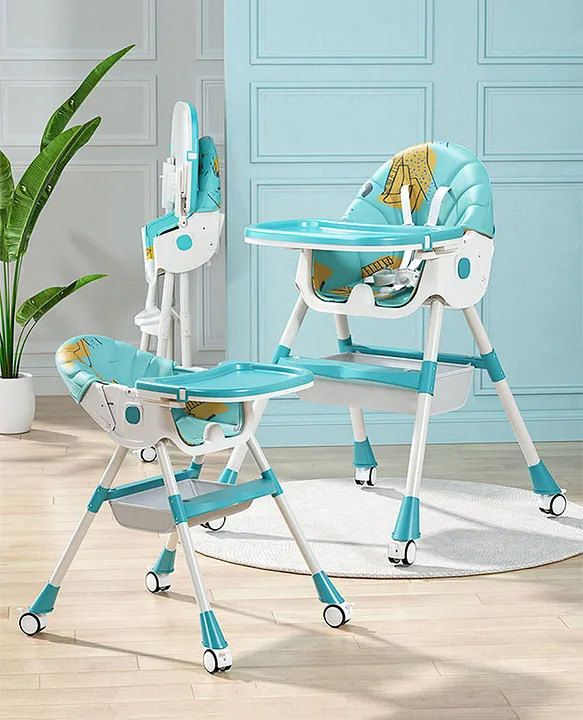 High Chair with Wheels and Printed Cushion - Blue-image-22