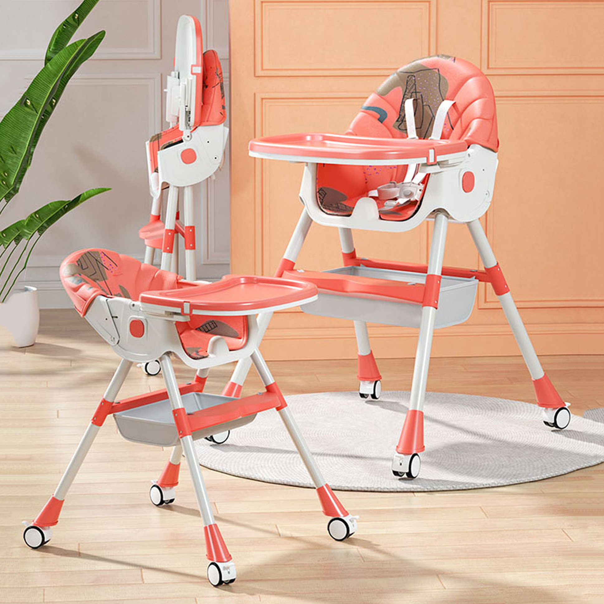 High Chair with Wheels and Printed Cushion - Red