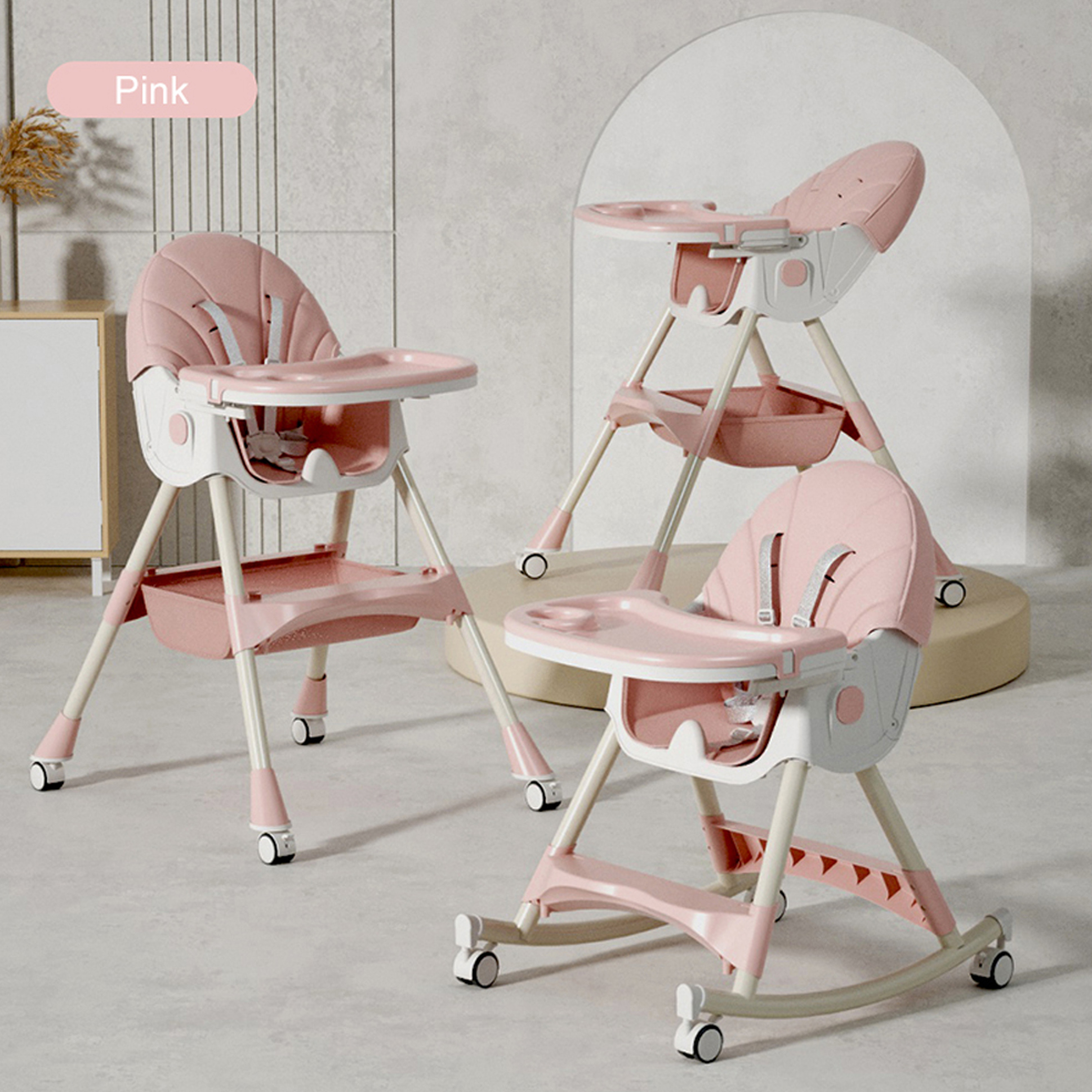 High Chair with Rocking Function and Cushioned Seat - Pink