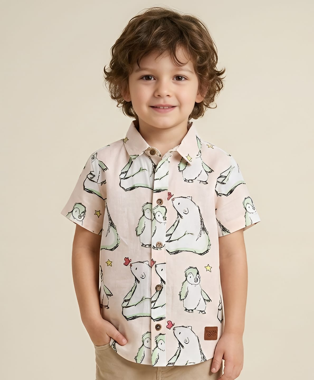 Polka Tots Half Sleeves Polar Bear & Penguin Printed Shirt - Peach-image-42