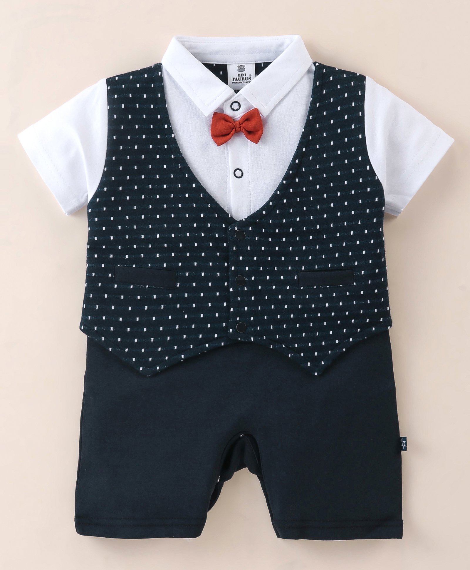 Mini Taurus Cotton Knit Half Sleeves Party Wear Romper Polka Dots Print With Bow Applique - White & Blue-image-45