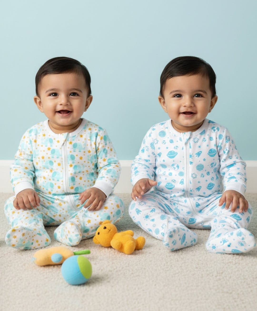 The Mom Store Pack Of 2 Full Sleeves Elephant & Planets Printed Rompers - Multi Colour-picture-42