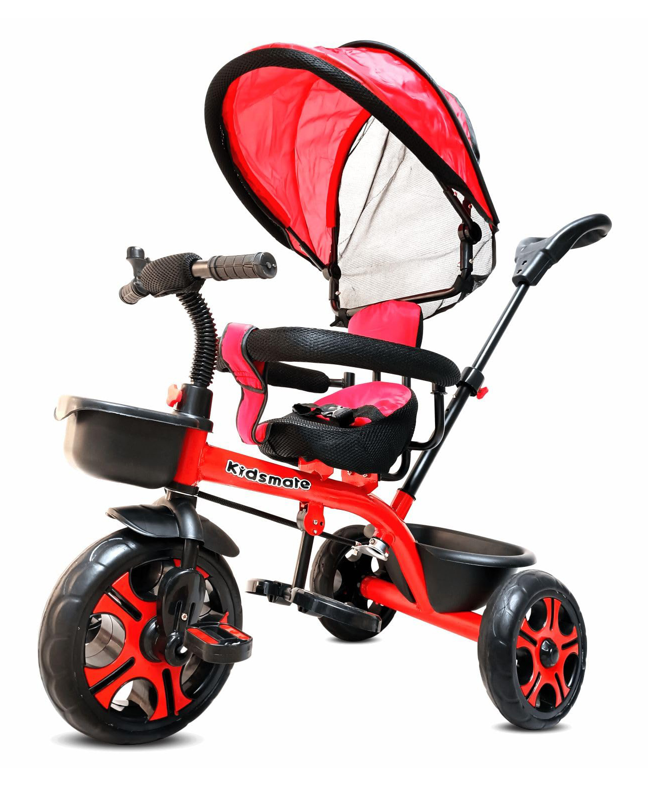Kidsmate Champ Tricycle with Canopy Safety Guard Rail and Parental Control Fabric Cushion Seat & Bell- Red-picture-12