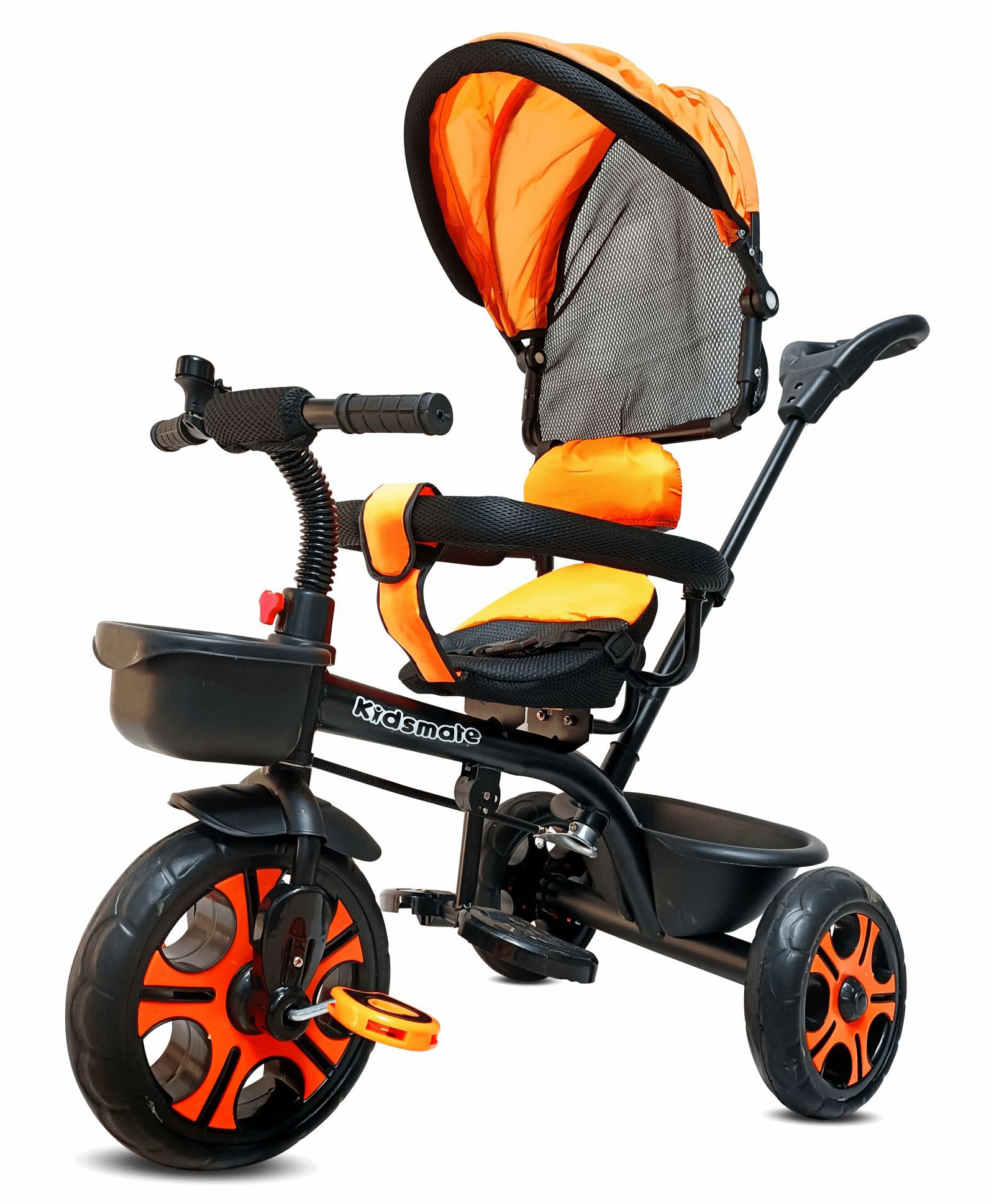 Kidsmate Champ Tricycle with Canopy Plug N Play Kids Baby Tricycle with Safety Guard Rail and Parental Control Fabric Cushion Seat & Bell- Black & Orange-picture-21