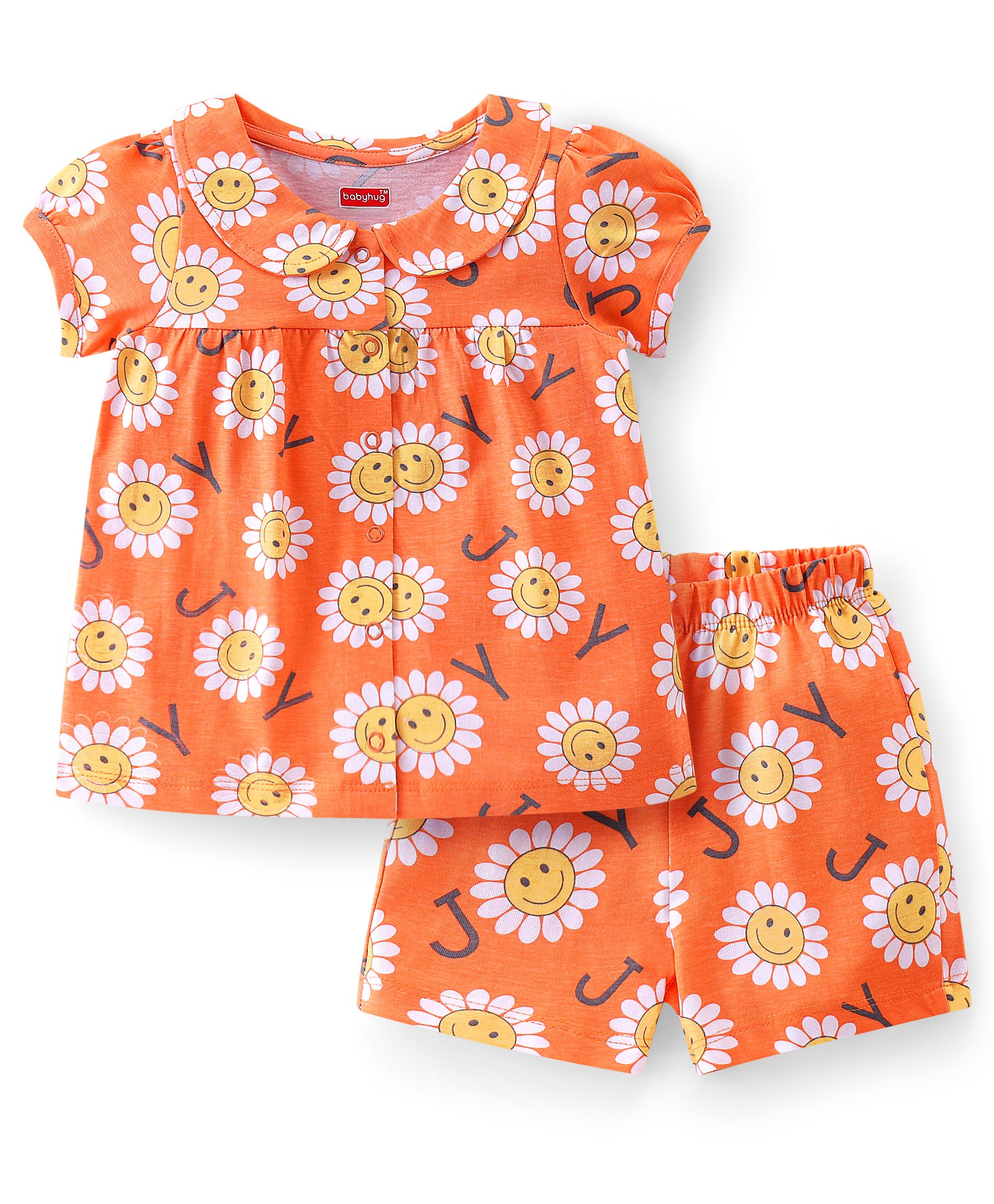 Babyhug Cotton Single Jersey Knit Half Sleeves Night Suit Floral Print - Orange-picture-27