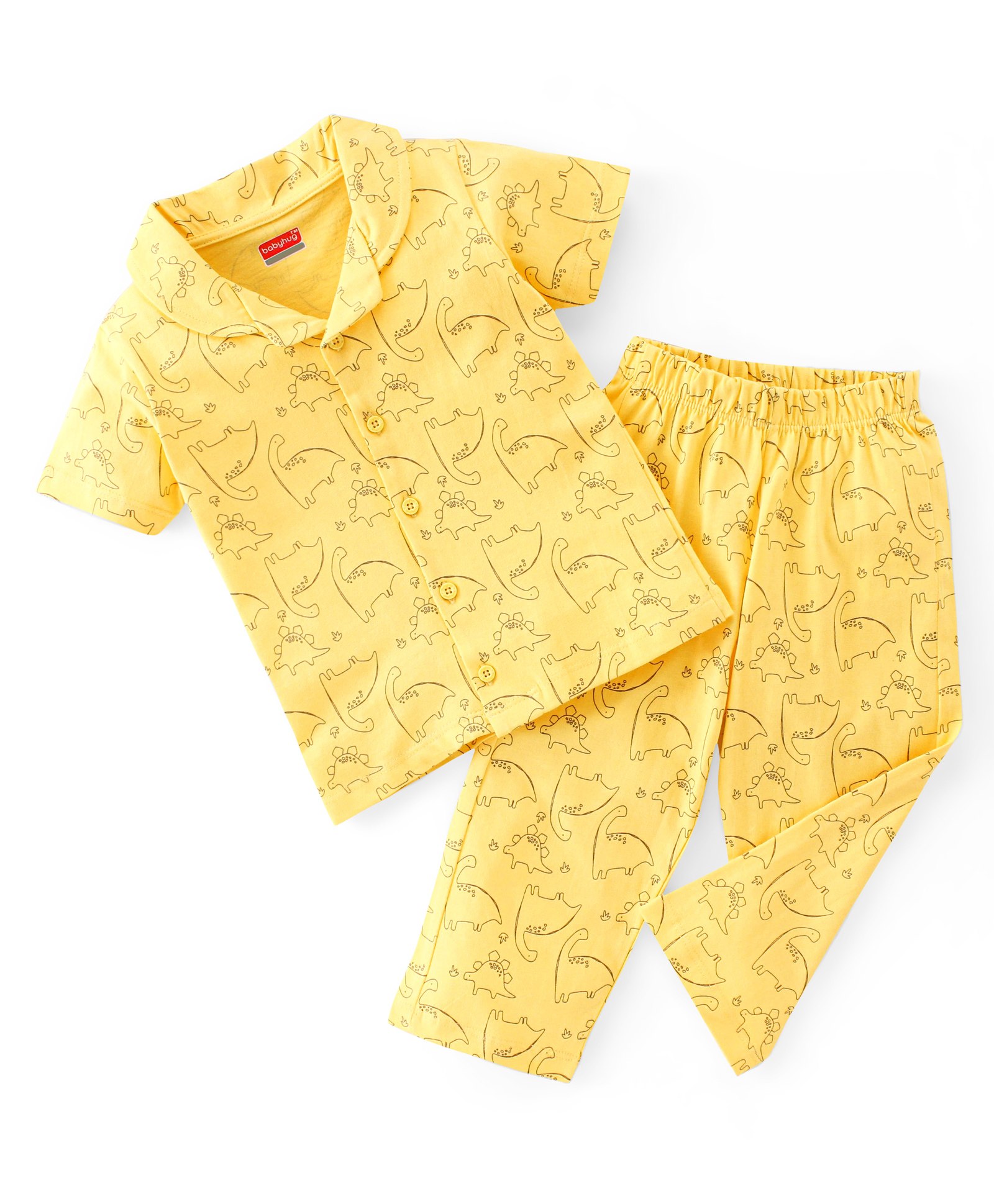 Babyhug Single Jersey Cotton Knit  Half Sleeves Night Suit Dino Print - Yellow-picture-27