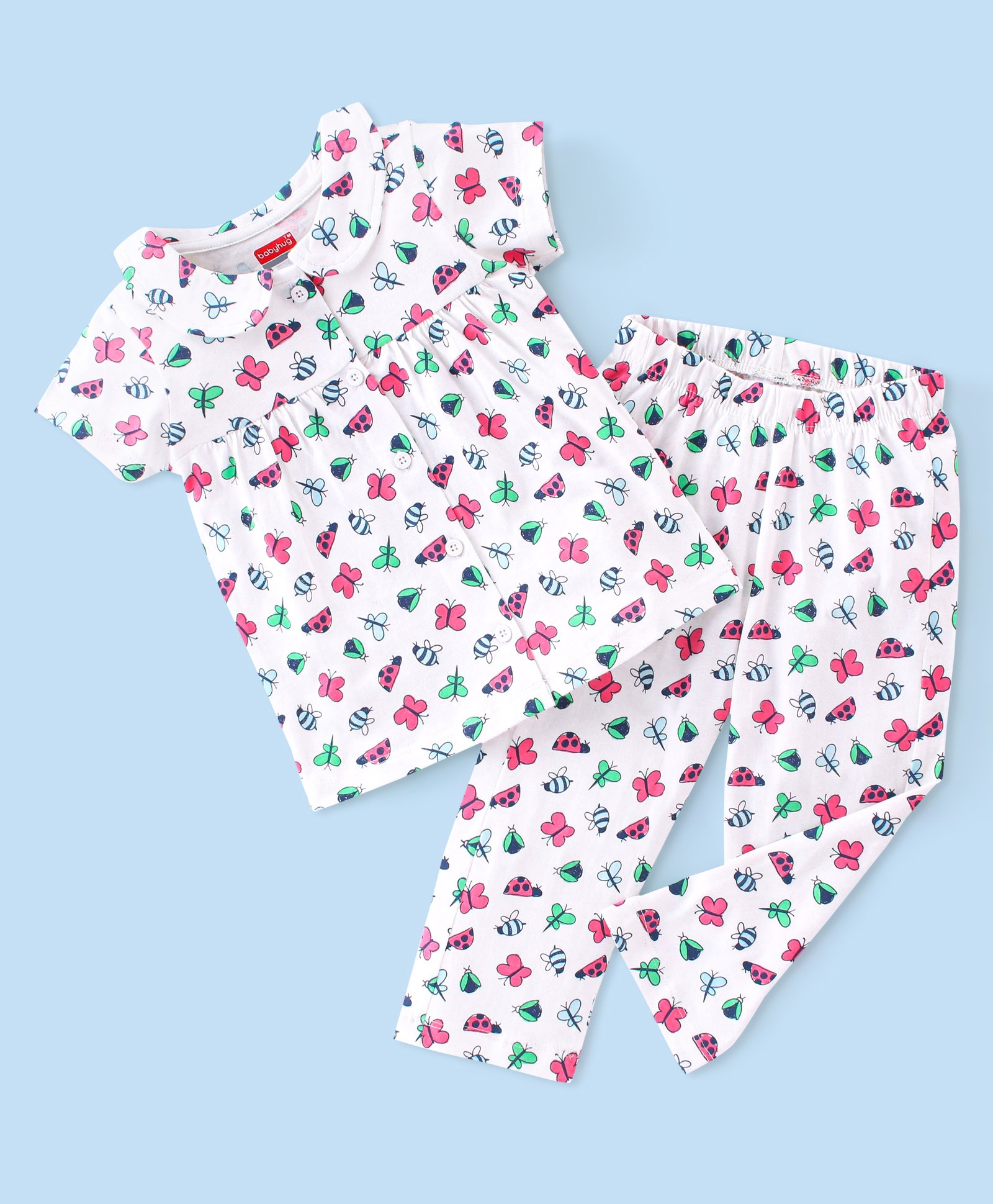 Babyhug Single Jersey Cotton Knit Half Sleeves Night Suit Butterfly Print - White-picture-30