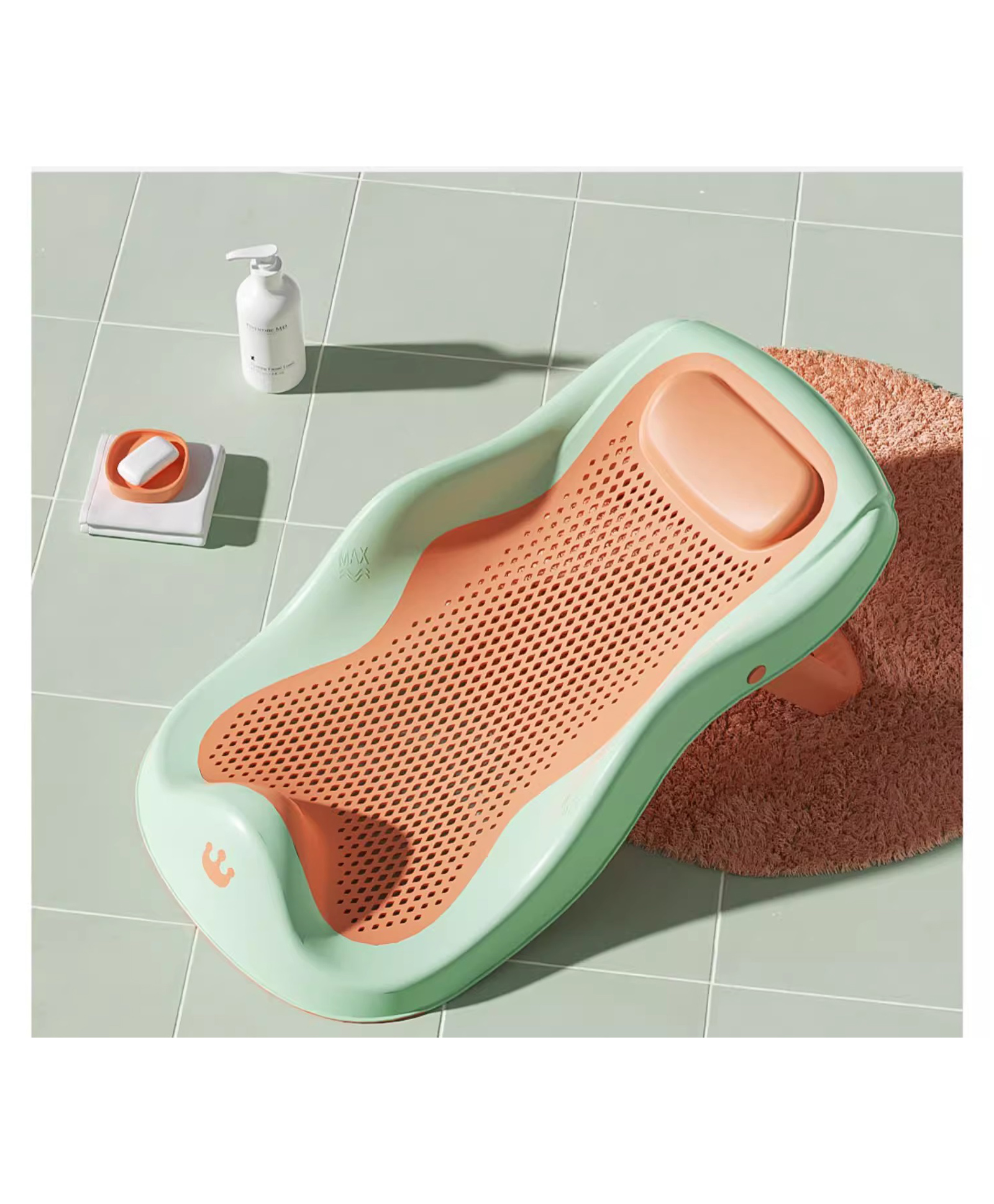 StarAndDaisy Newborn Baby Bather for 0-3 Years Girls & Boys, Foldable Bath Seat Sling with Slilicone Soft Backrest, Anti Slip Design - Green Orange-image-3