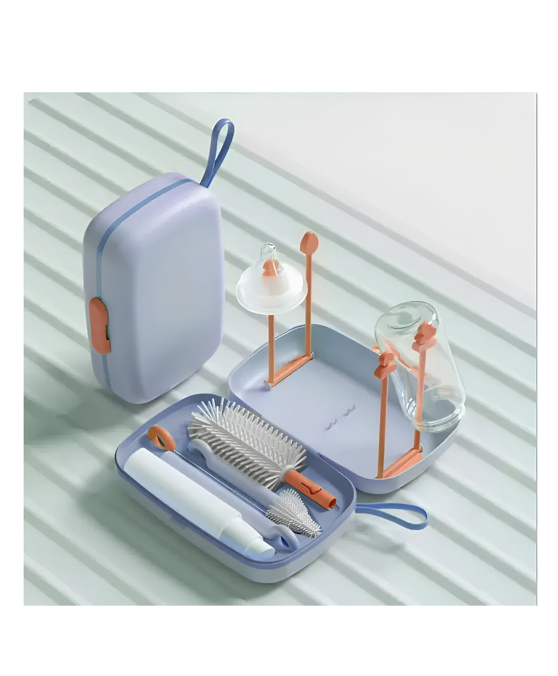 StarAndDaisy 'We Care' Baby Bottle brush Cleaner Set with Removable drying stand Tray  Baby Bottles Drying Rack with Storage Box, soap dispenser, baby travel essential bottle brush set  Blue-picture-19