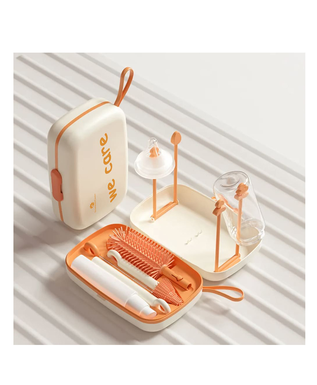 StarAndDaisy 'We Care' Baby Bottle brush Cleaner Set with Removable drying stand Tray  Baby Bottles Drying Rack with Storage Box, soap dispenser, baby travel essential bottle brush set  Orange-image-7