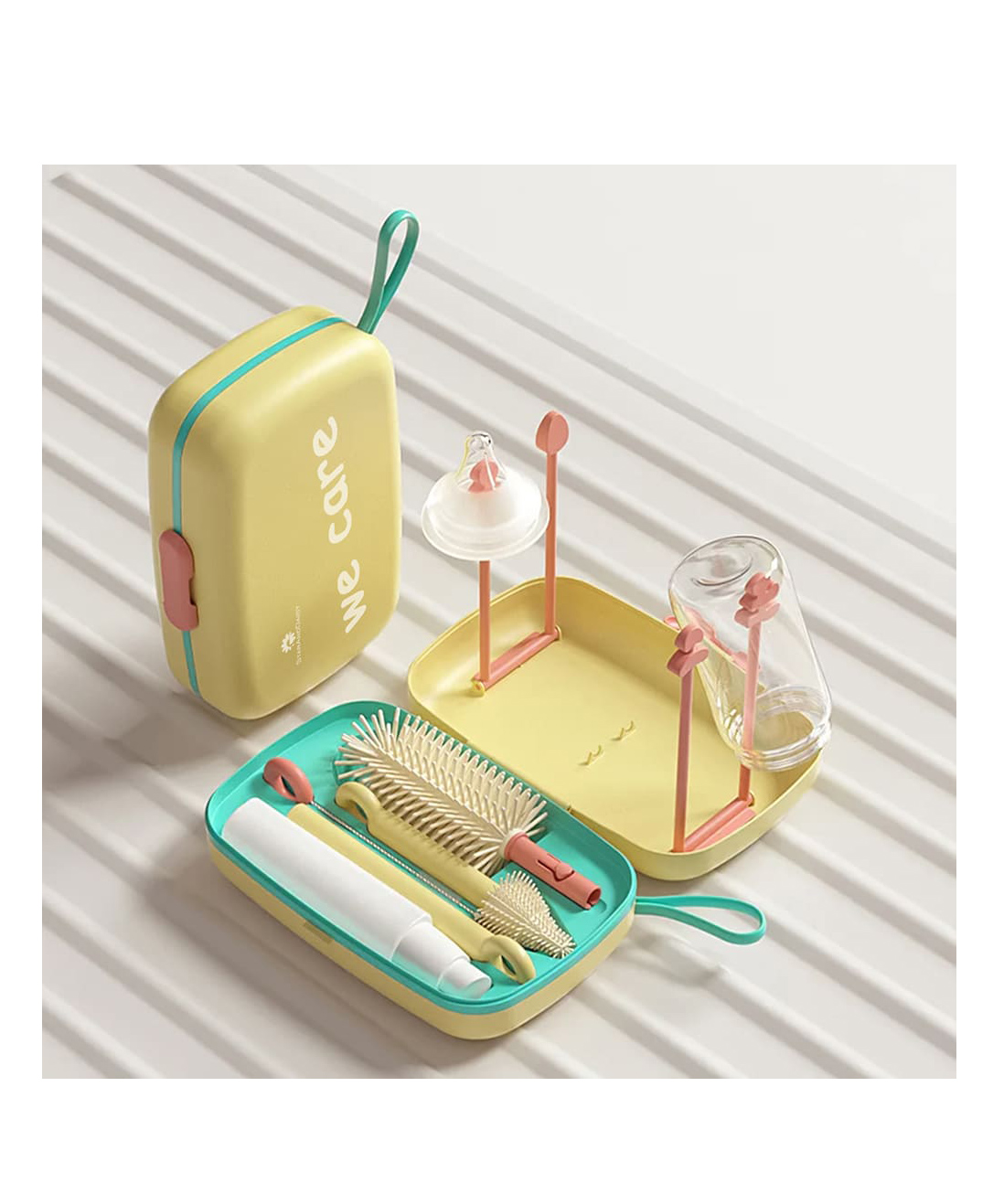 StarAndDaisy 'We Care' Baby Bottle brush Cleaner Set with Removable drying stand Tray  Baby Bottles Drying Rack with Storage Box, soap dispenser, baby travel essential bottle brush set  Yellow-image-35