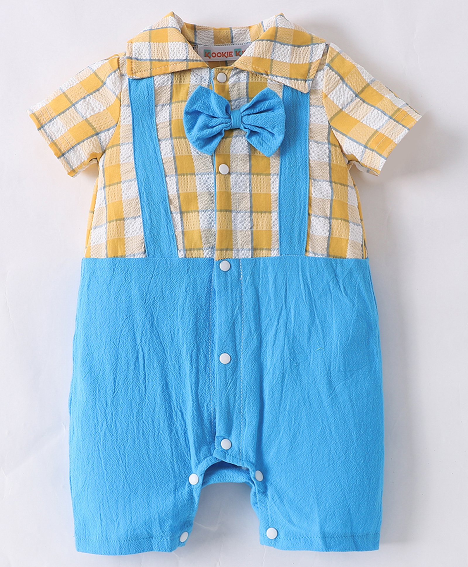 Kookie Kids Half Sleeves Checked Romper With Bow Applique- Yellow-image-27