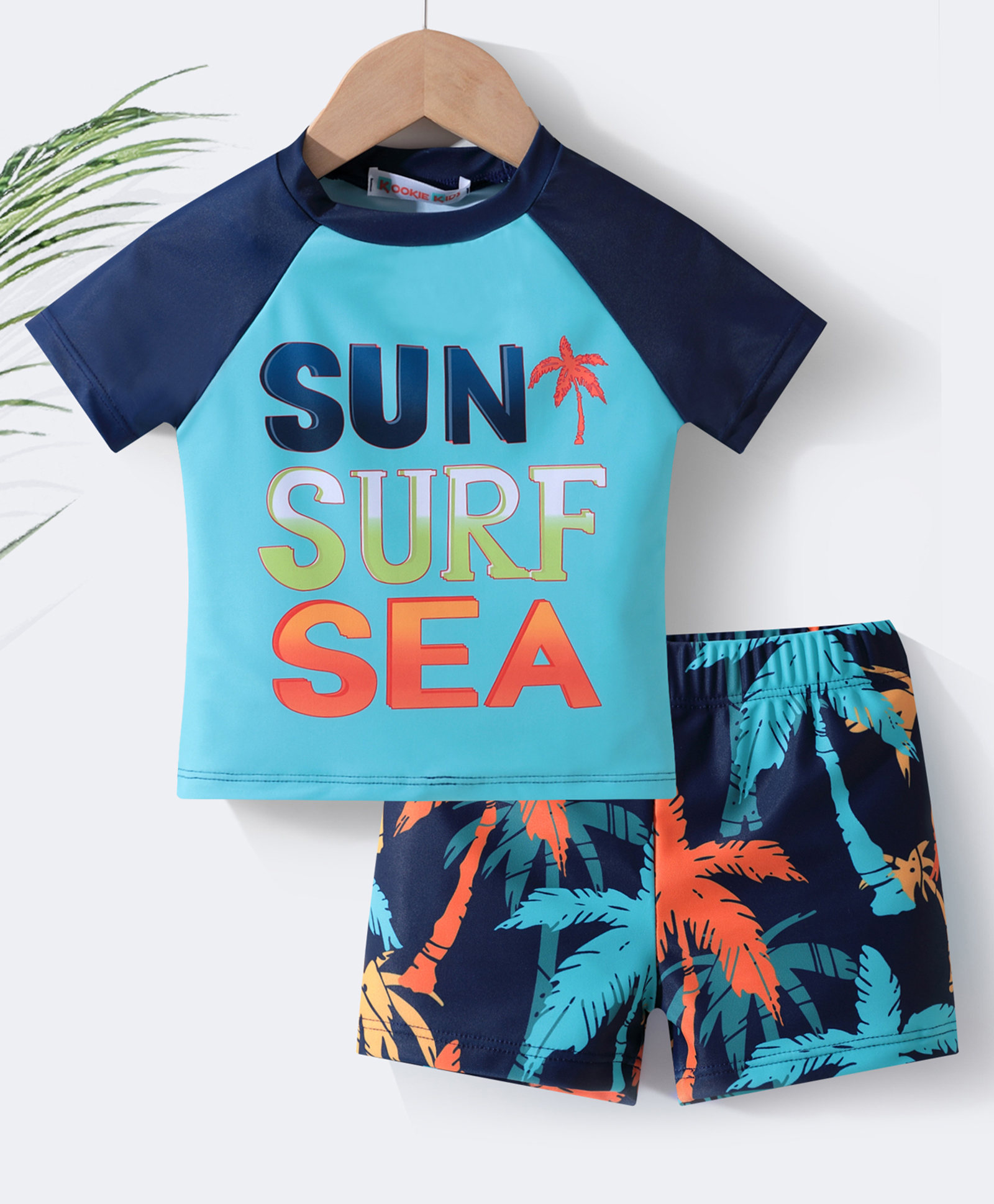 Kookie Kids Half Sleeves  Two Piece Swimsuit Tree & Text Print -  Blue-picture-21