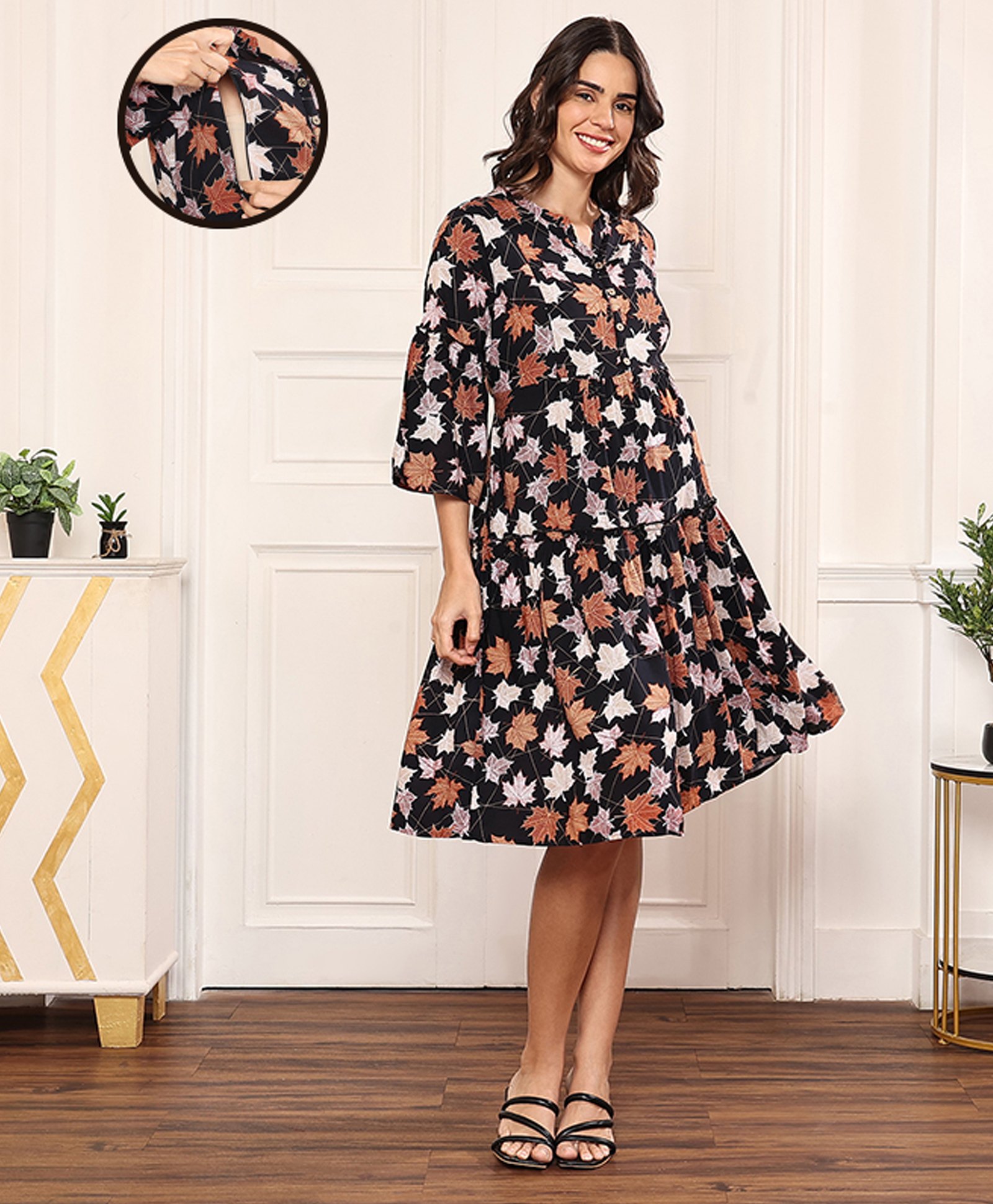 MomToBe Three Fourth Sleeves Leaves All Over Printed Maternity Dress With Zipper Access - Multi Colour-picture-14