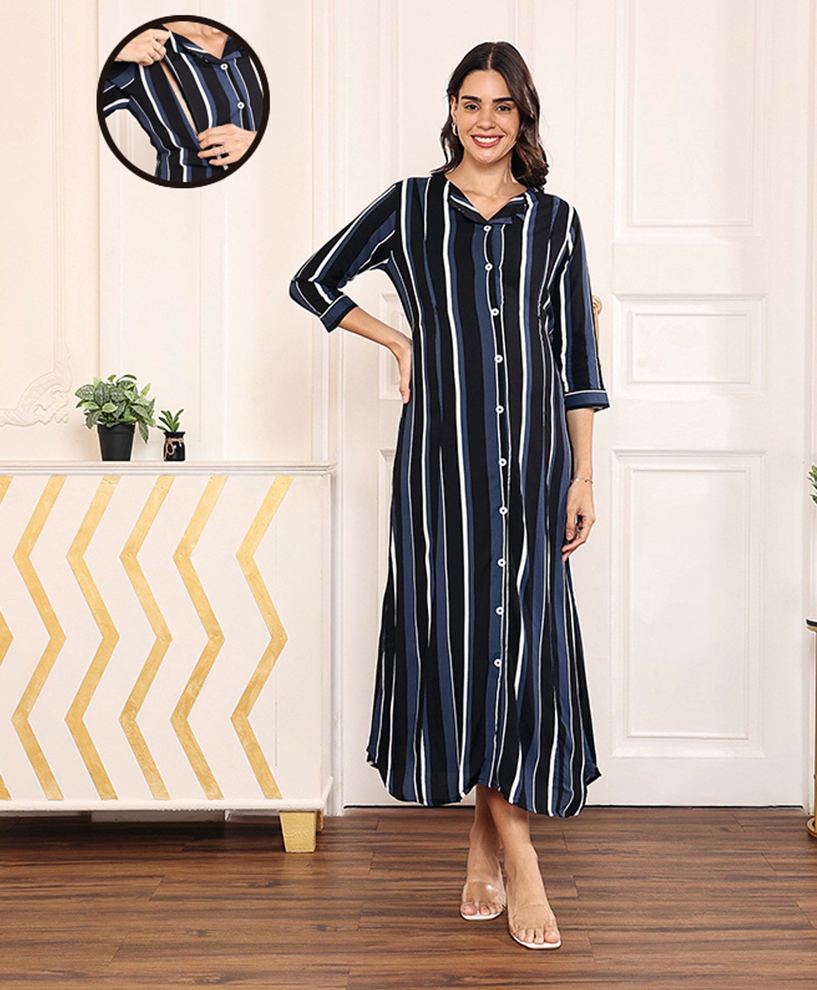 MomToBe Three Forth Sleeves Striped Maternity Dress With Zipper Access - Multi Colour-image-38
