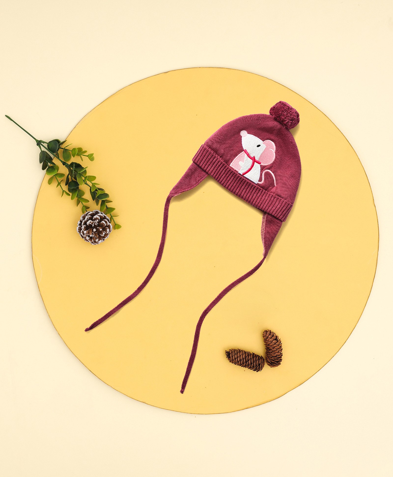 Mi Arcus 100% Cotton Knitted Pom Pom Ears Design Mouse Detailed  Tie Up Cap - Maroon-picture-17