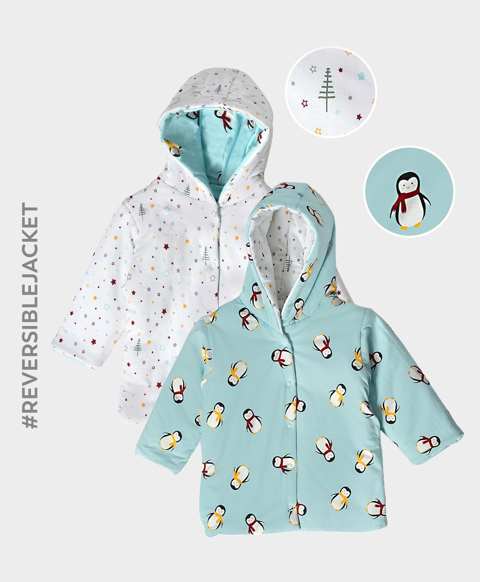 Mi Arcus Full Sleeves All Over Penguin & Star Printed Reversible Jacket - Sky Blue-picture-24