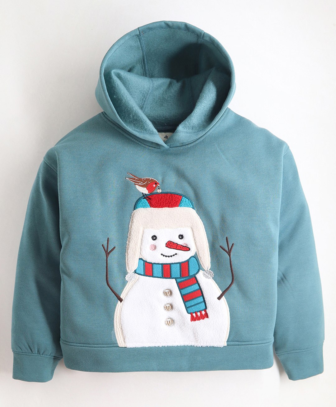 Cherry Crumble By Nitt Hyman Full Sleeves Snowman Embroidered  Hooded Sweatshirt - Teal Blue-picture-23