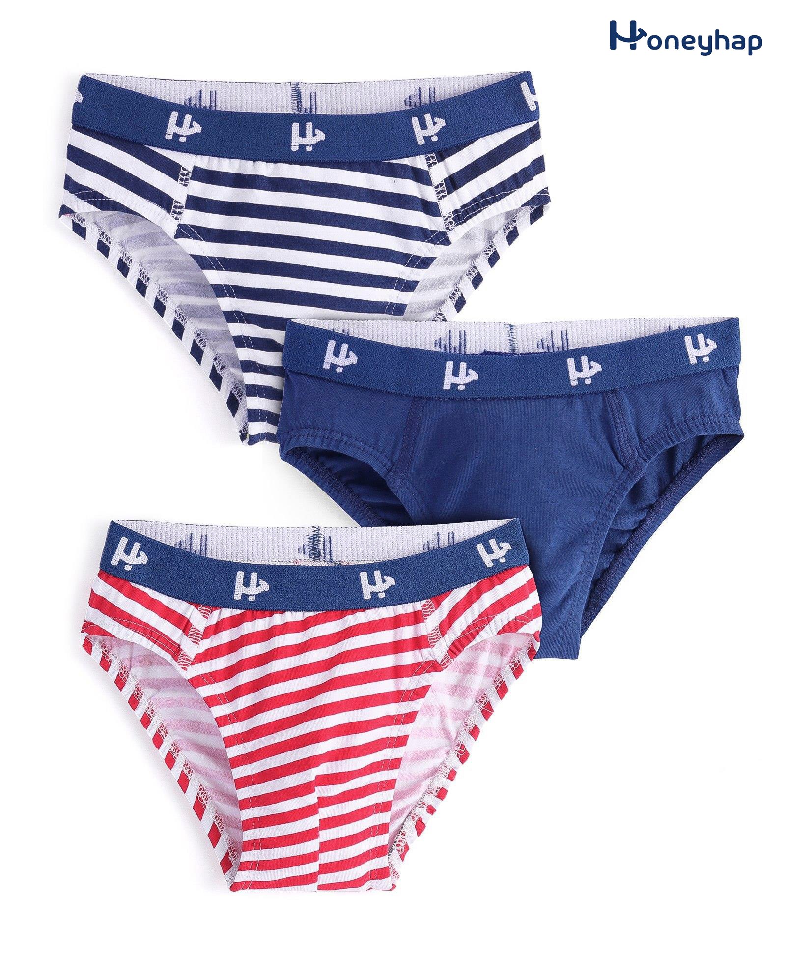Honeyhap Premium Cotton Elastane Briefs Striped & Solid Pack of 3- Racing Red Bright White & Navy Peony-image-33