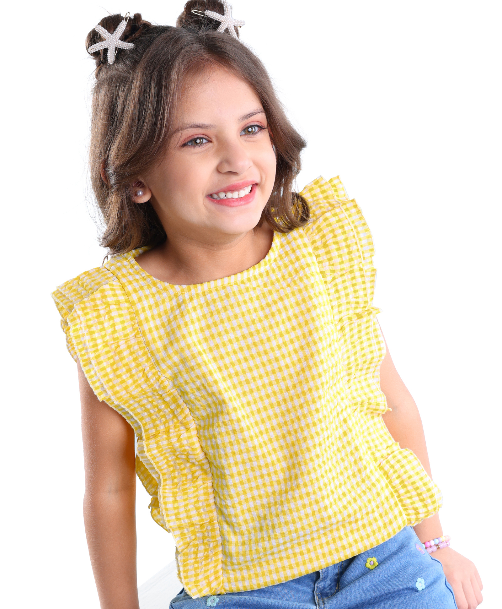 Babyhug Poly Cotton Sleeveless Woven Checks Top - Yellow-image-38