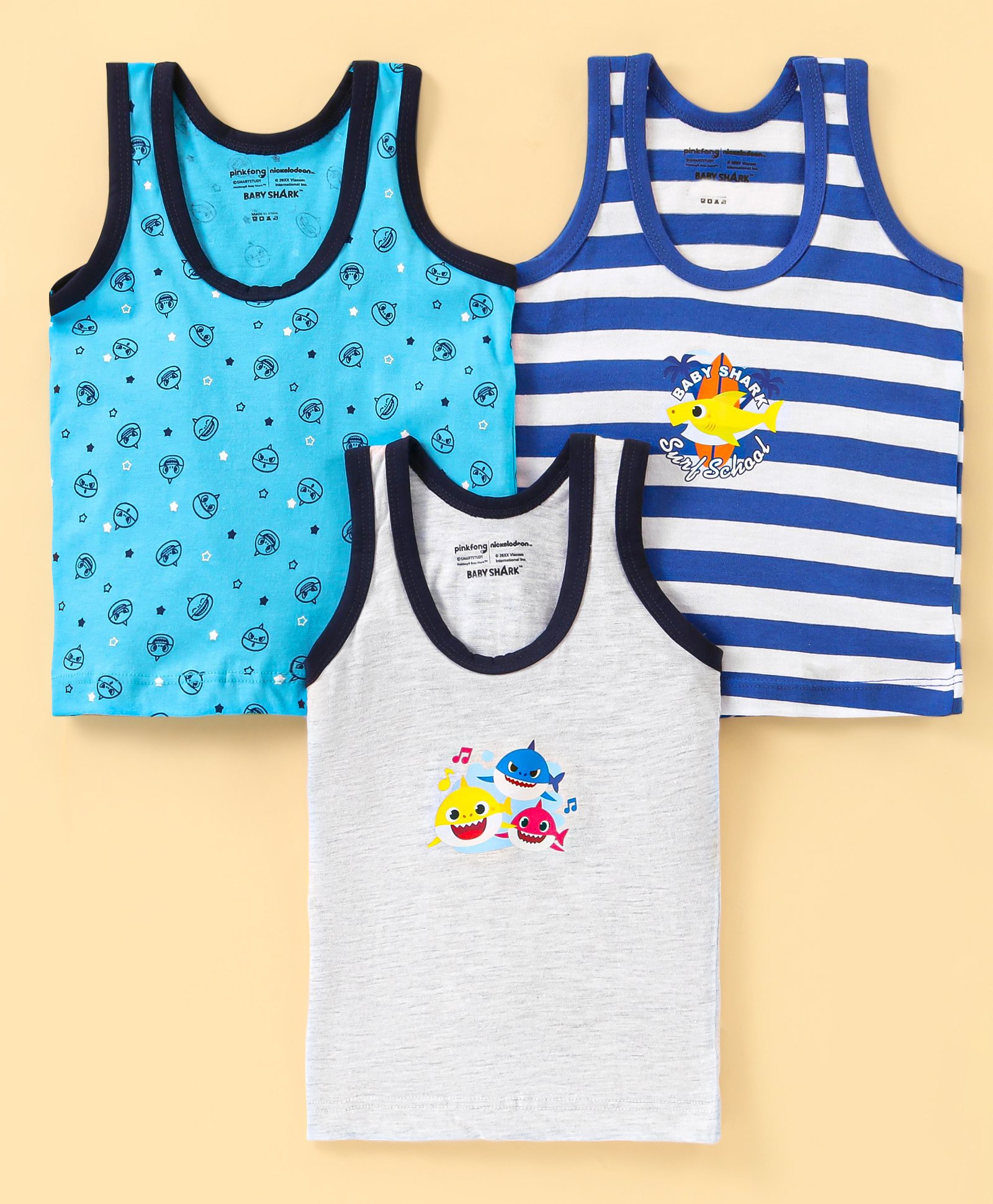 Bodycare Cotton Knit Sleeveless Set Of Vests Striped & Baby Shark Print  Pack of 3 - Multicolour-picture-40