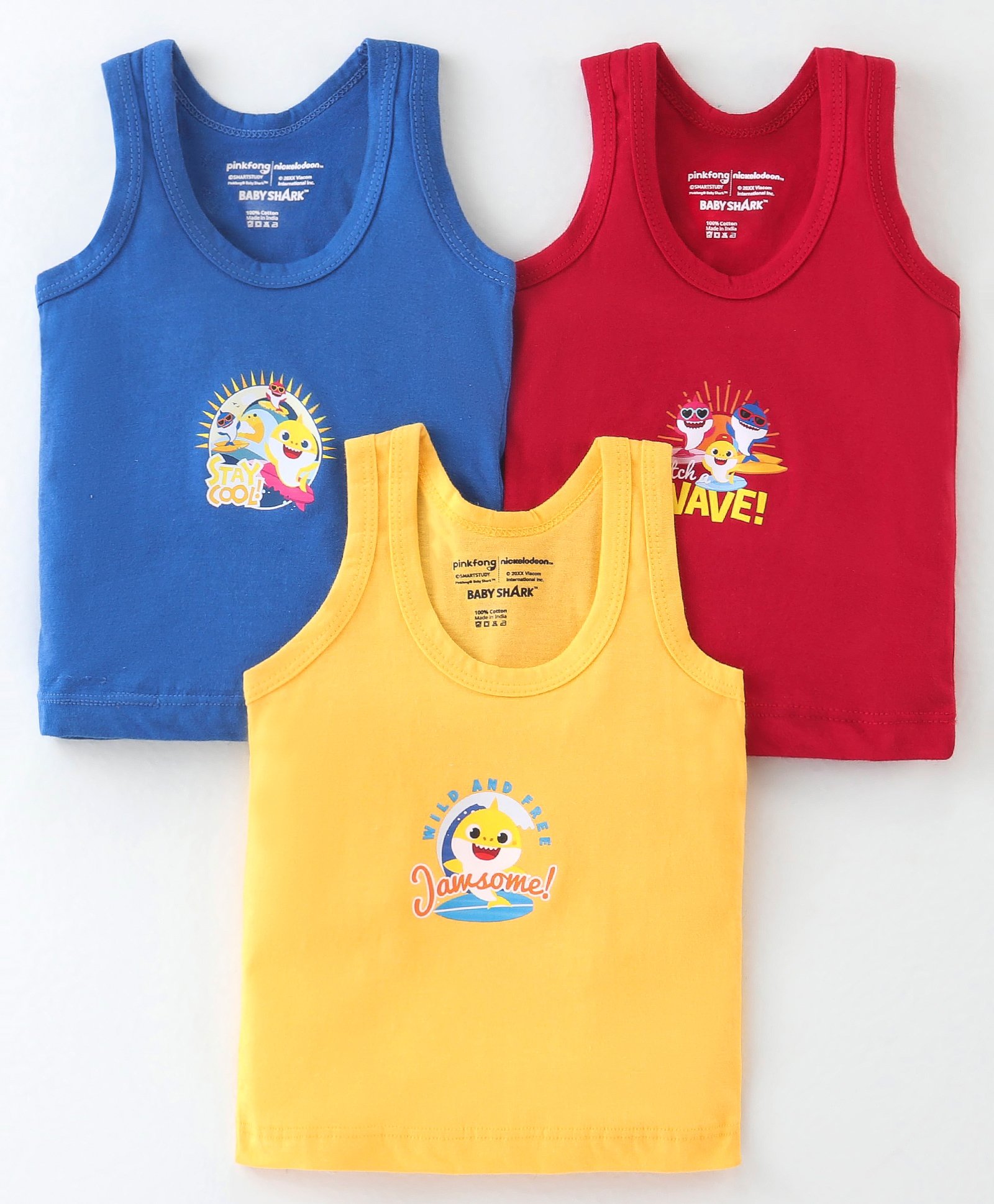Bodycare Cotton Knit Sleeveless Vests Fish Print Pack Of 3- Blue Yellow & Red-image-13