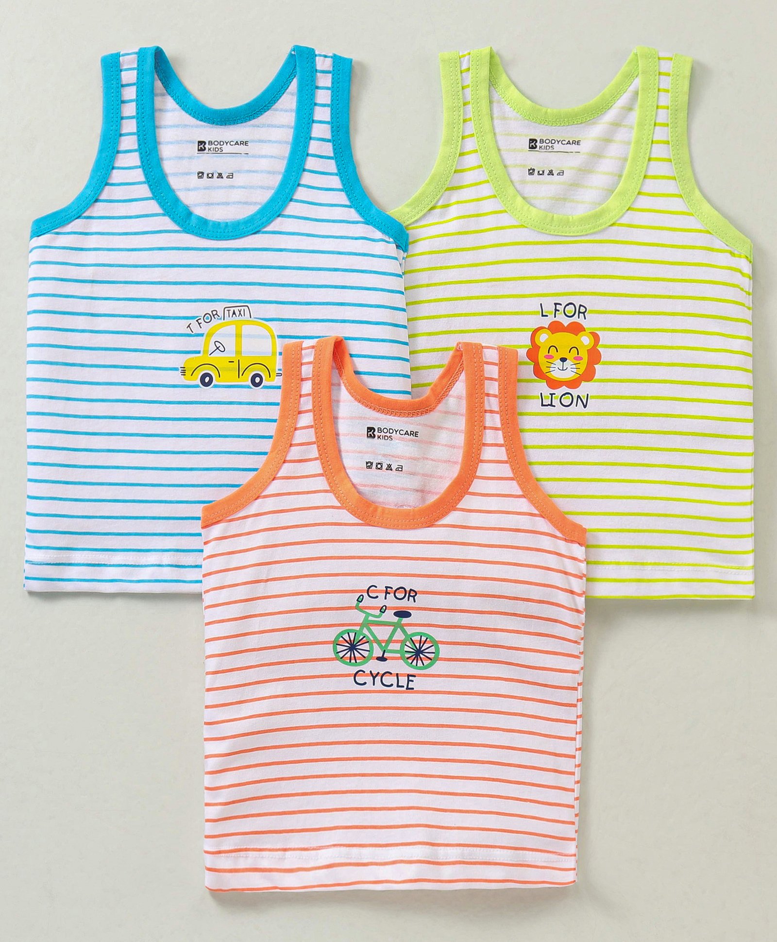 Bodycare Cotton Sleeveless Vests With Vehicles & Animals Print Pack Of 3 - Blue Orange & Green-image-37