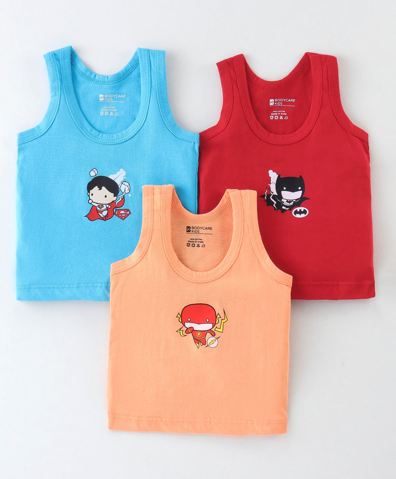 Bodycare Cotton Knit Sleeveless Vests DC Comic Superhero Print Print Pack Of 3 - Red Blue & Peach-image-49