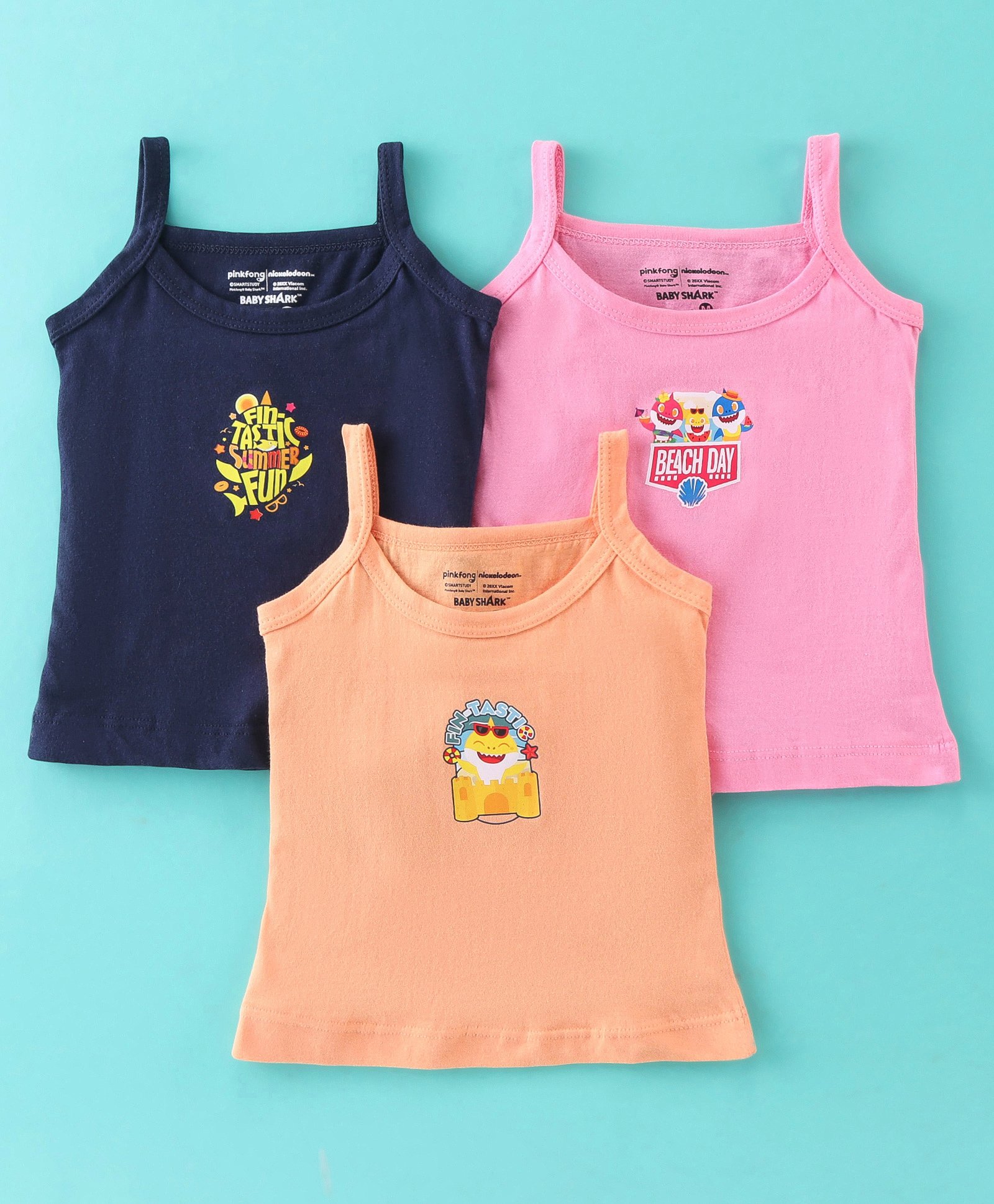 Bodycare Cotton Knit Sleeveless Slips Text & Shark Print Pack of 3 - Pink Dark Peach & Navy Blue-image-26