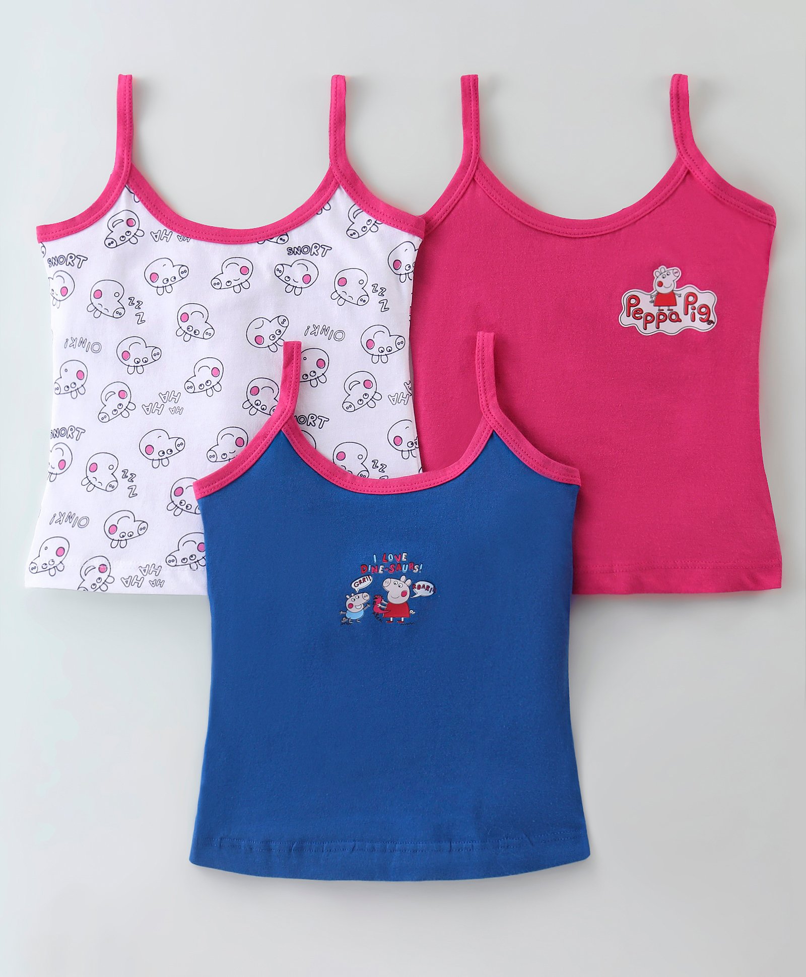 Bodycare Cotton Knit Sleeveless Slips Peppa Pig Print Pack of 3 - Fuchsia White &  Royal Blue-image-4
