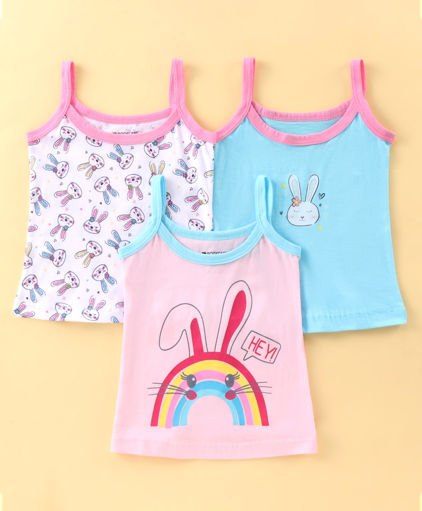 Bodycare Cotton Knit Sleeveless Bunnies Printed Slips Pack of 3 - Baby Pink Light Blue & White-picture-22