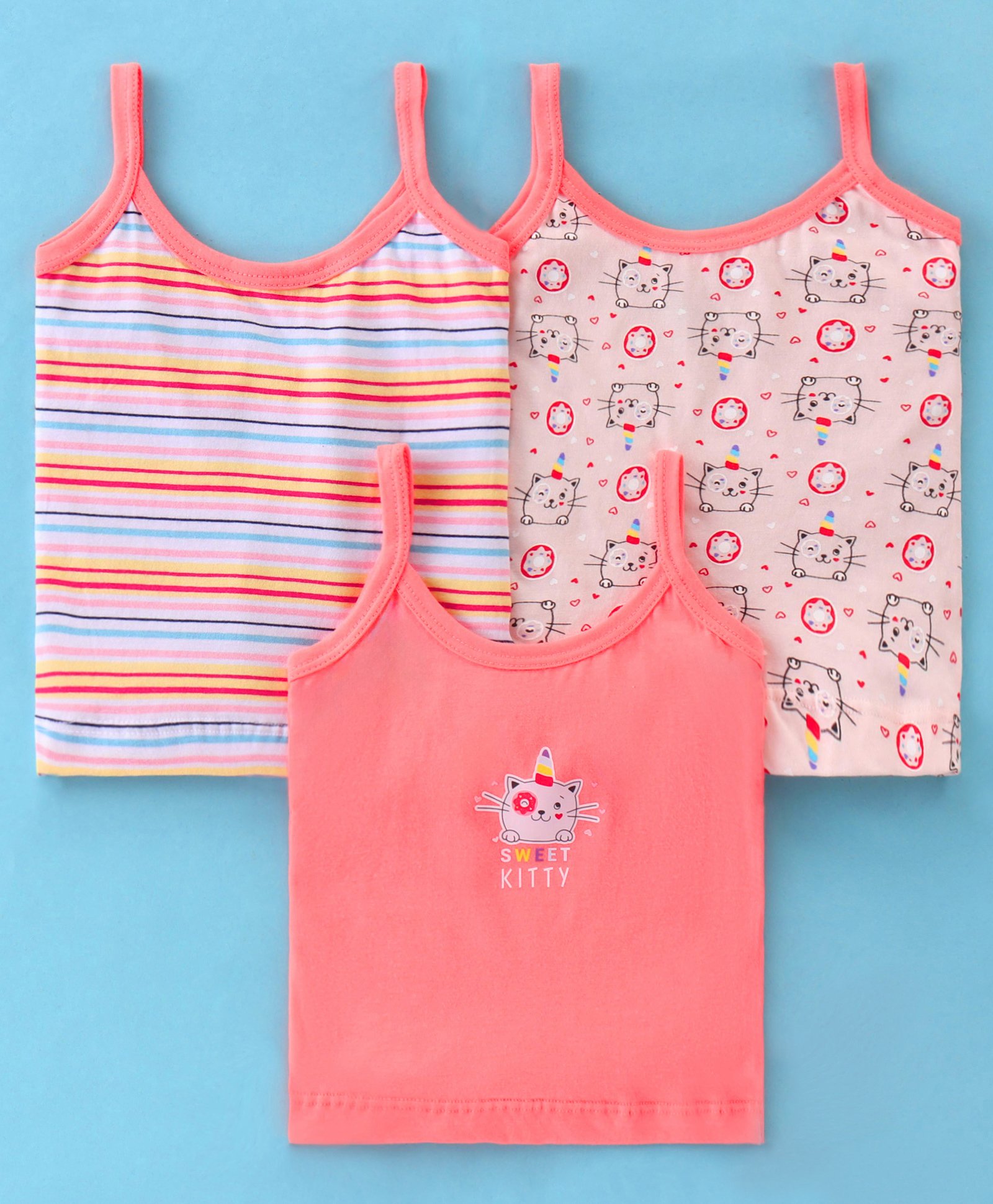 Bodycare Cotton Knit Sleeveless Slips Striped & Kitty Print Pack of 3 - Multicolour-picture-12