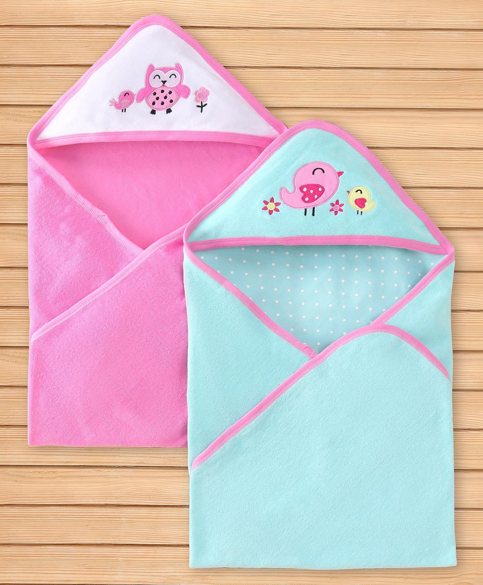 Babyhug Terry Knit Hooded Towel Set  Owl and Sparrow Patch Pack of 2 - Pink & Blue-image-36